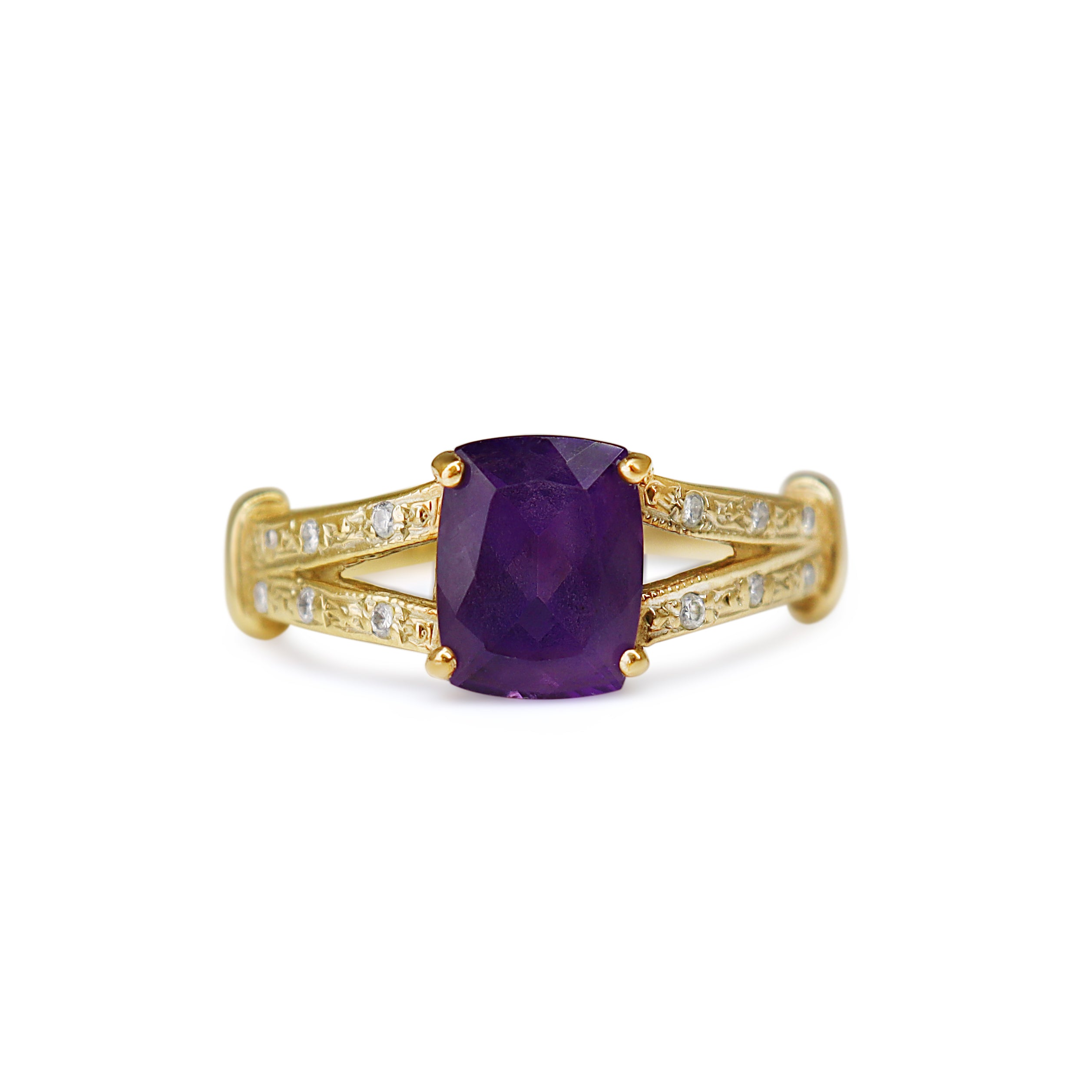 9ct Yellow Gold Amethyst and Diamond Ring