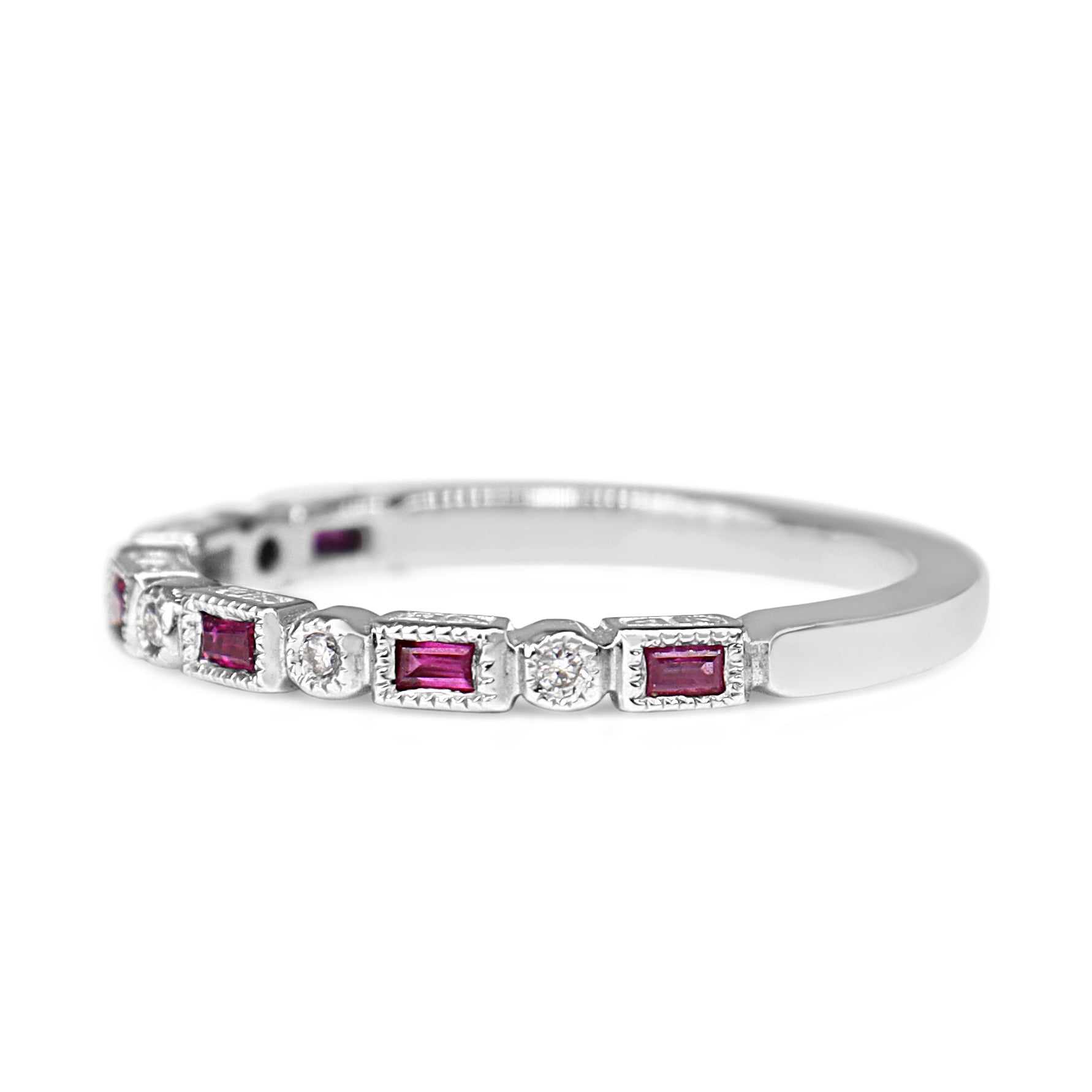 9ct White Gold Ruby and Diamond Deco Style Ring