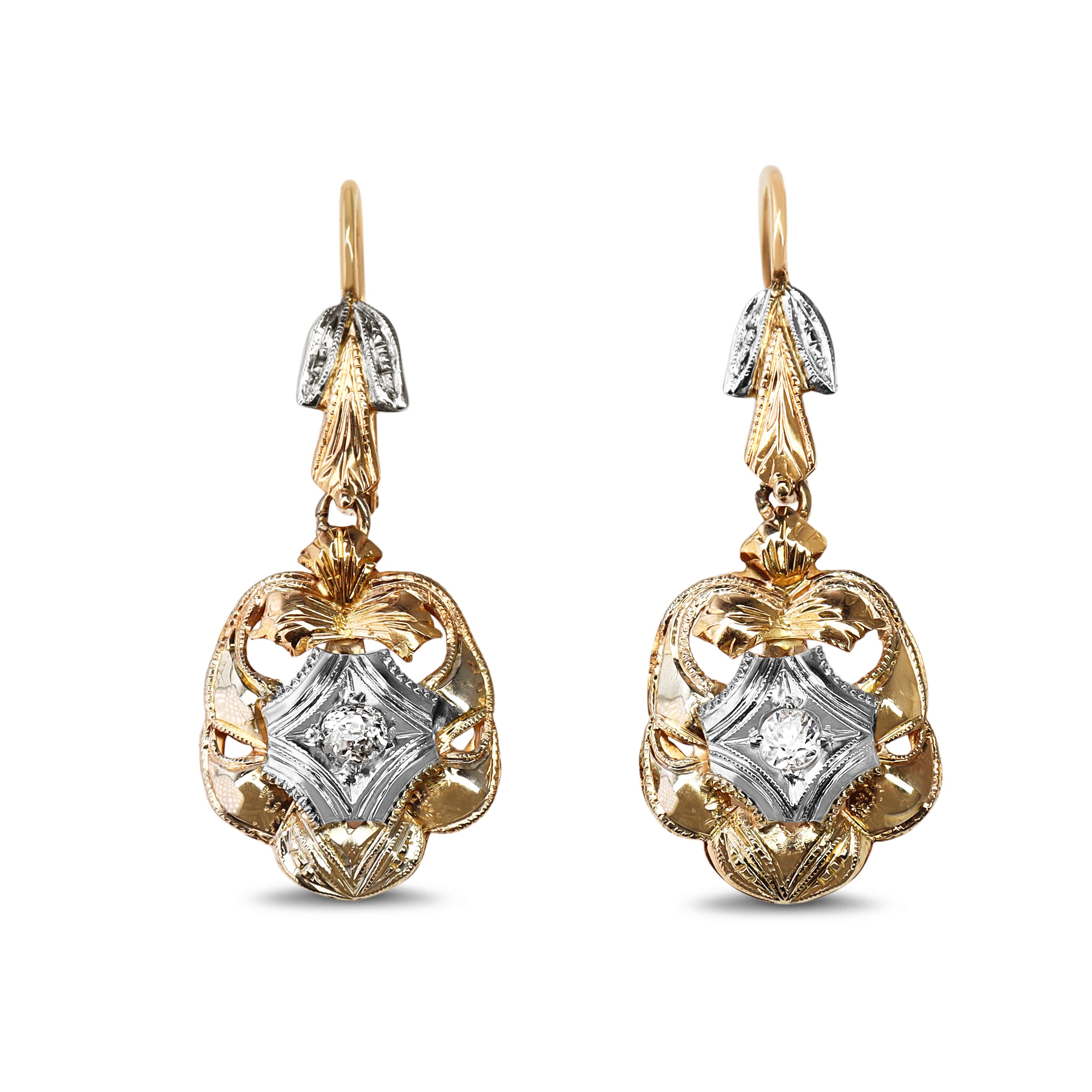 14ct 3 Tone Antique Old Cut Diamond Drop Earrings