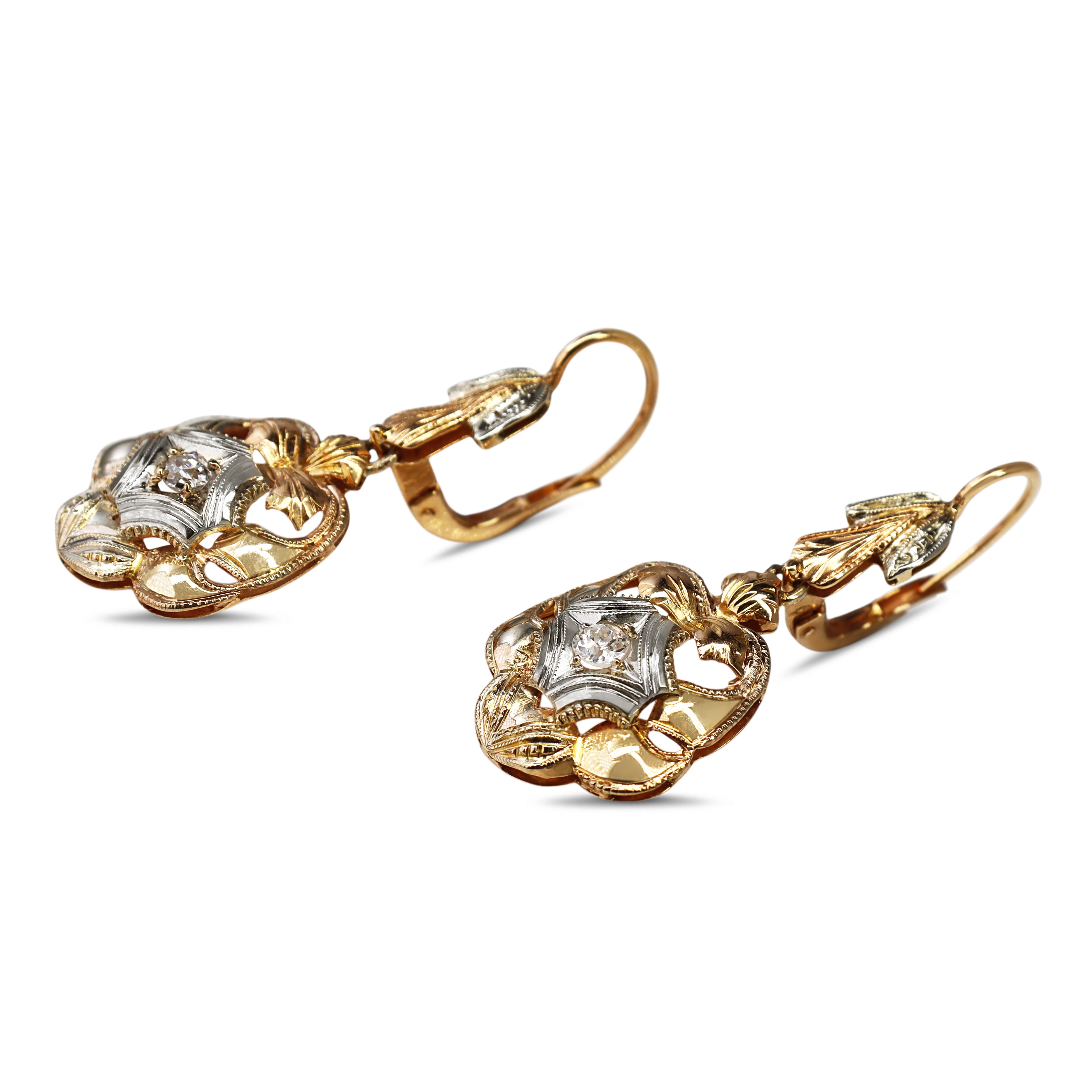 14ct 3 Tone Antique Old Cut Diamond Drop Earrings