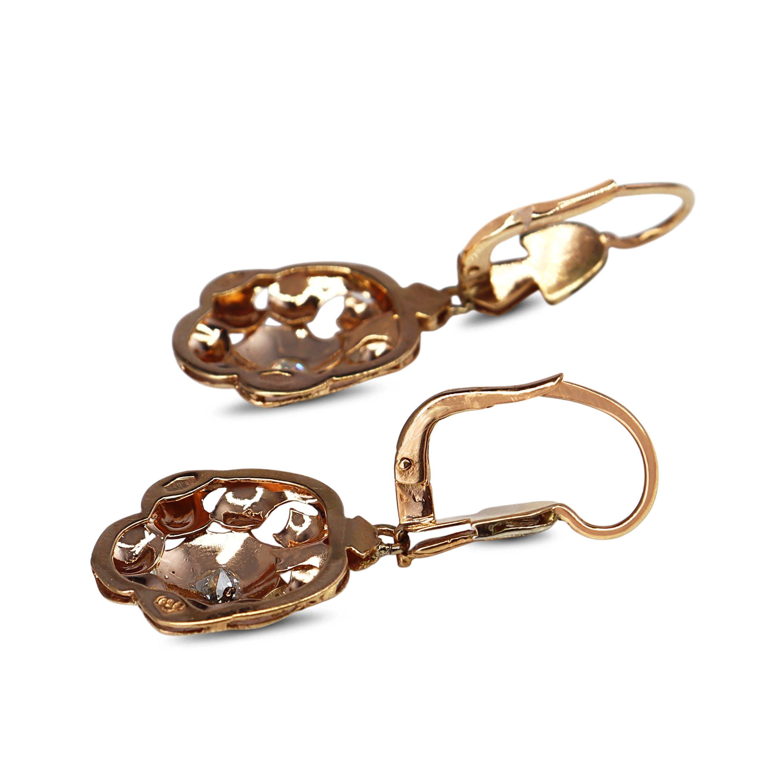 14ct 3 Tone Antique Old Cut Diamond Drop Earrings