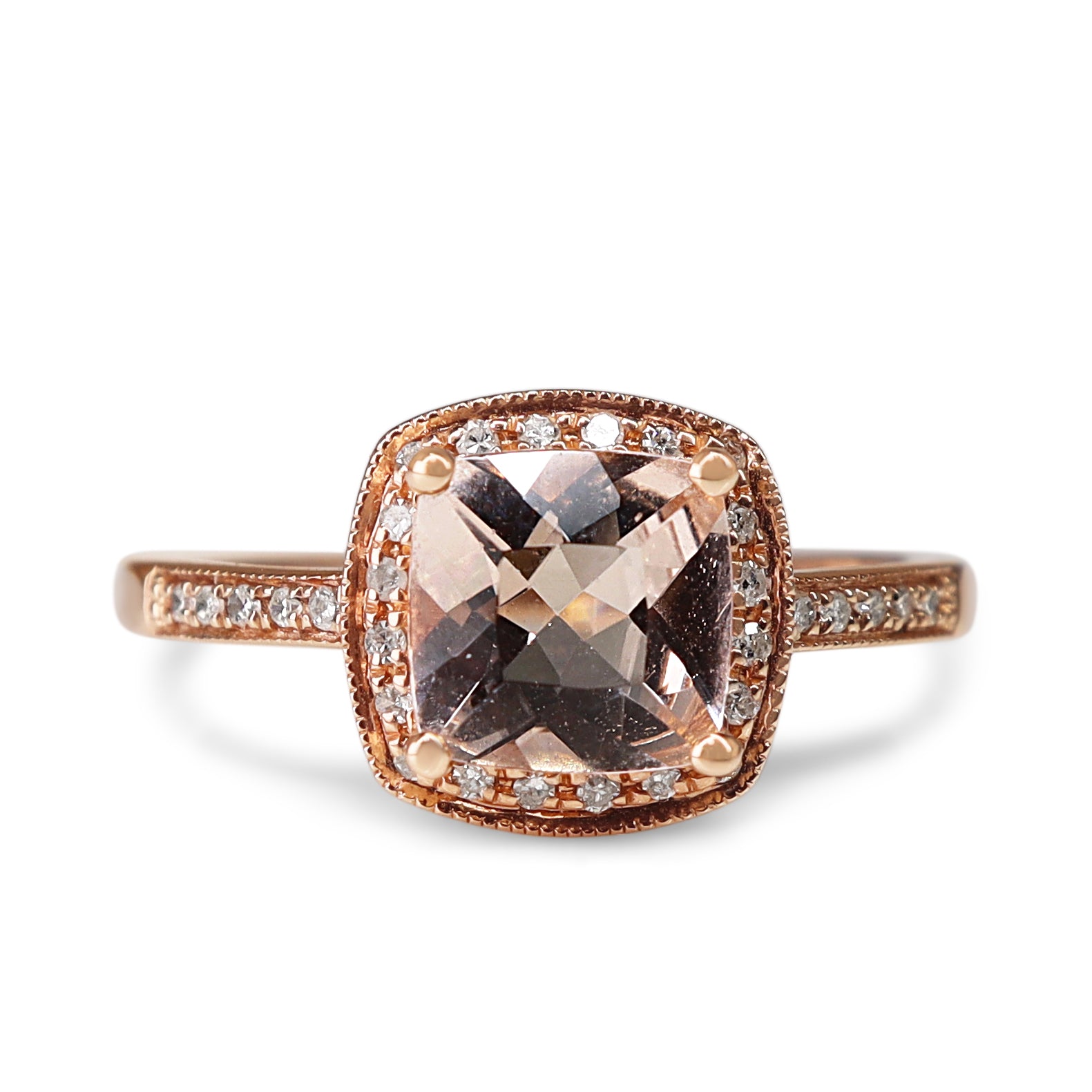 14ct Rose Gold Morganite and Diamond Halo Ring