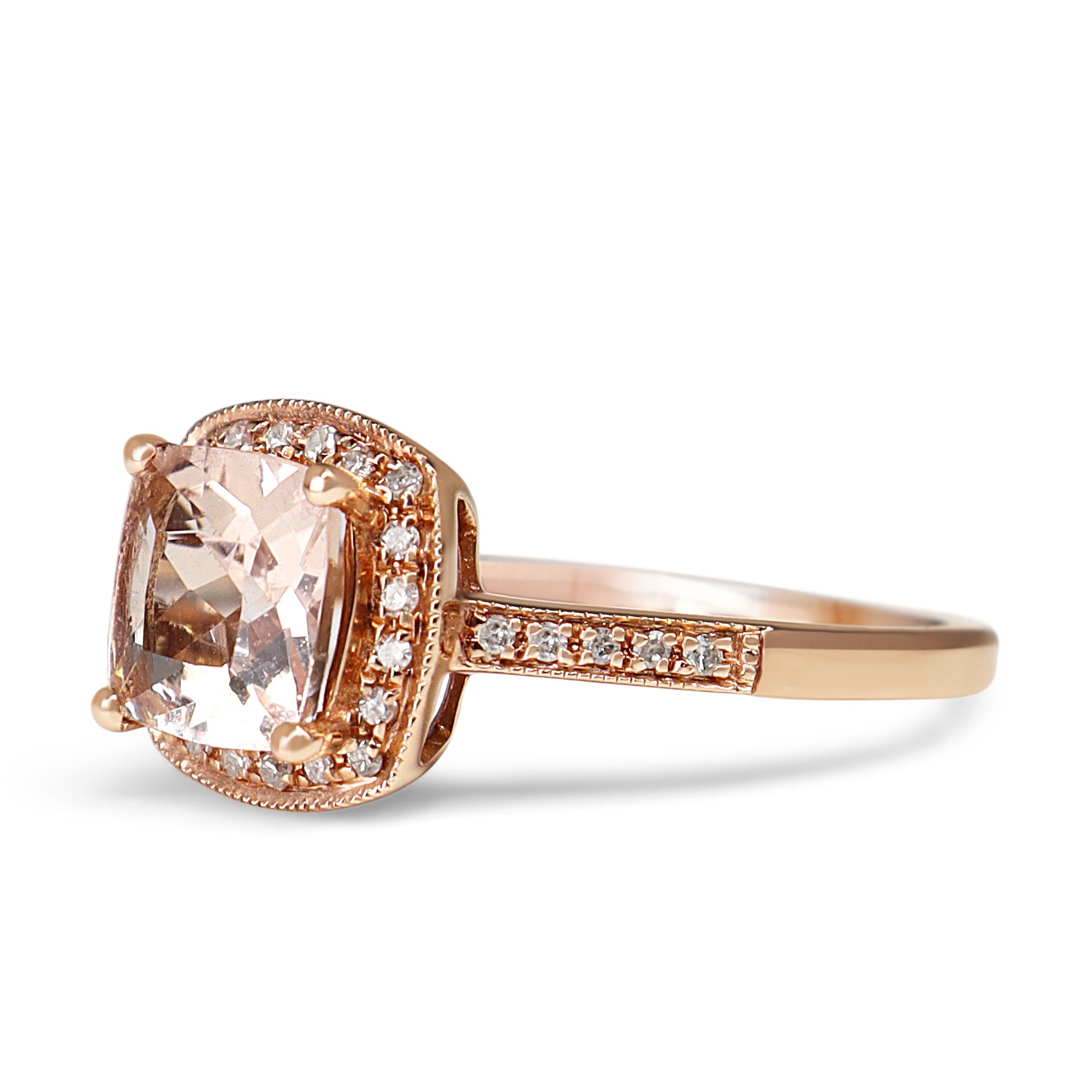 14ct Rose Gold Morganite and Diamond Halo Ring