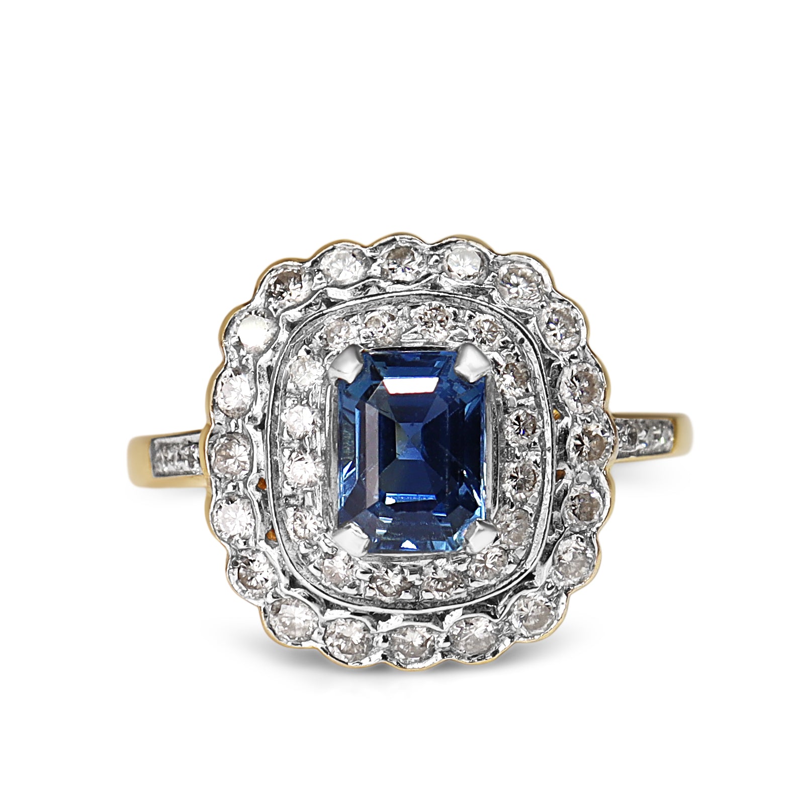 18ct Yellow and White Gold Sapphire and Diamond Double Halo Ring