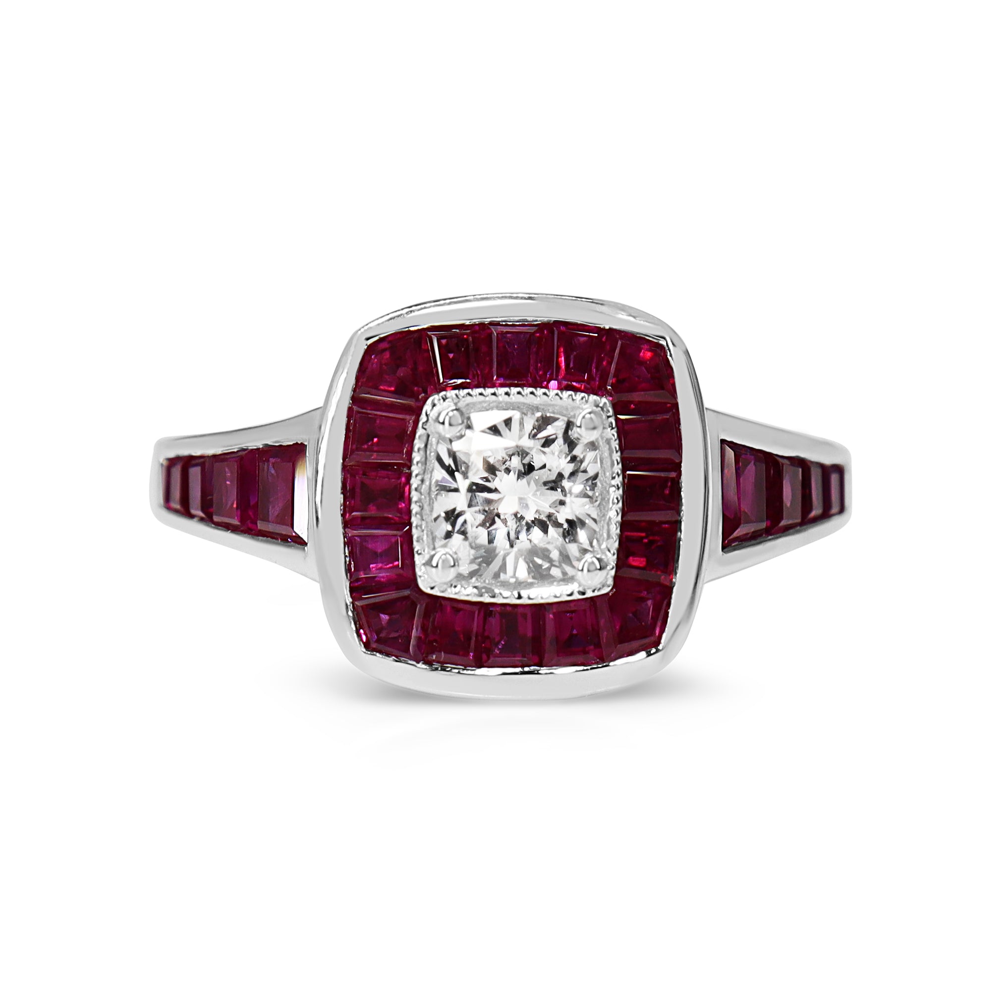 18ct White Gold Cushion Cut Diamond and Channel Set Ruby Halo Ring