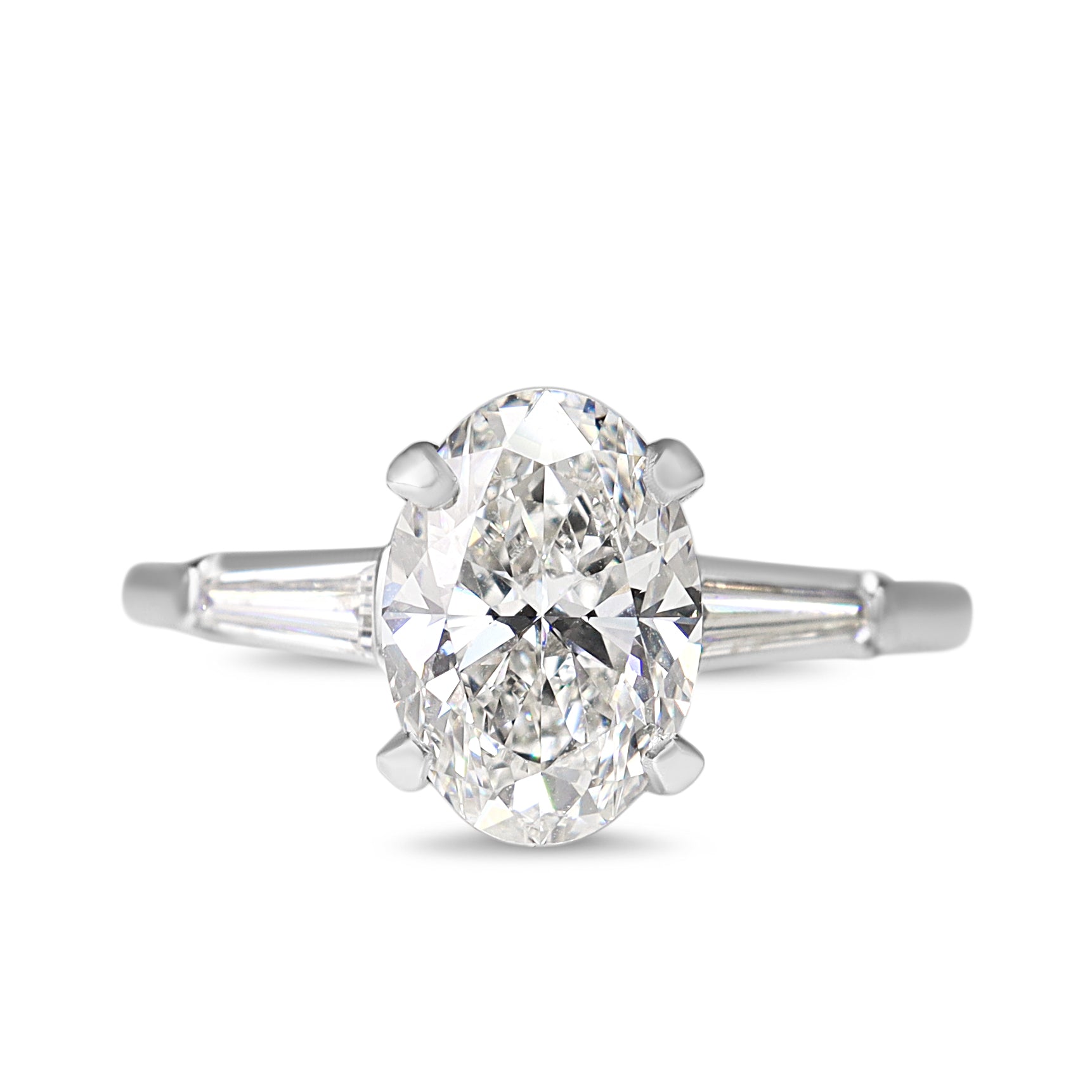 Platinum Lab Grown 2.00ct Oval Diamond Ring with Tapered Baguette Diamonds