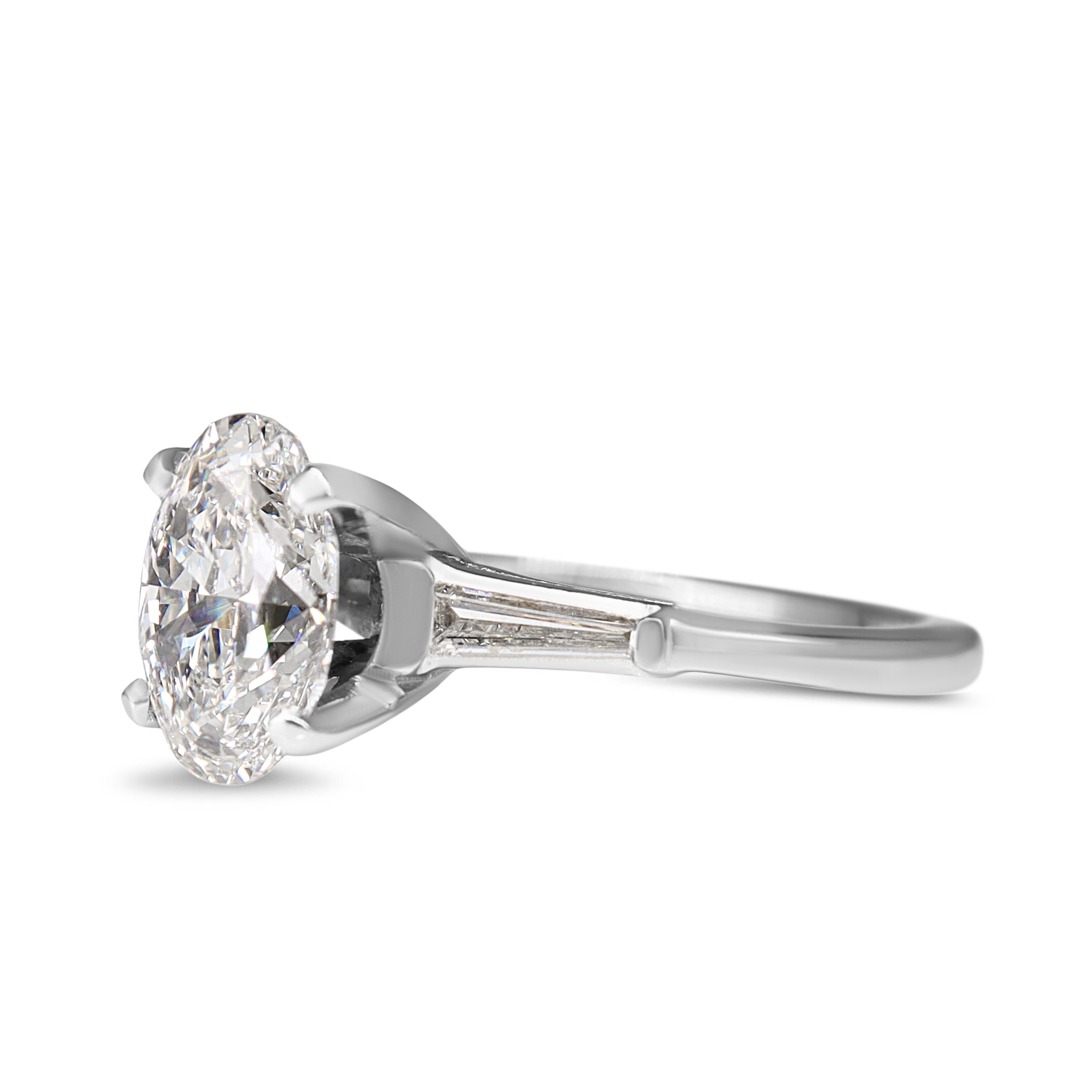 Platinum Lab Grown 2.00ct Oval Diamond Ring with Tapered Baguette Diamonds