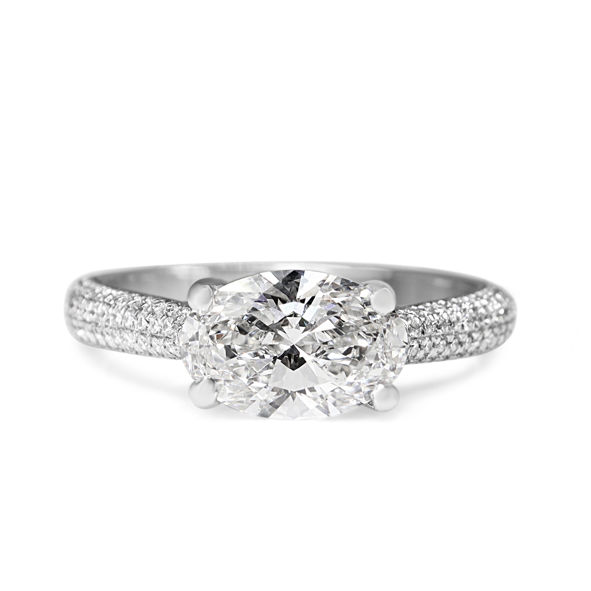 18ct White Gold Oval East West Lab Grown Diamond Ring with Pavé Natural Diamond Band