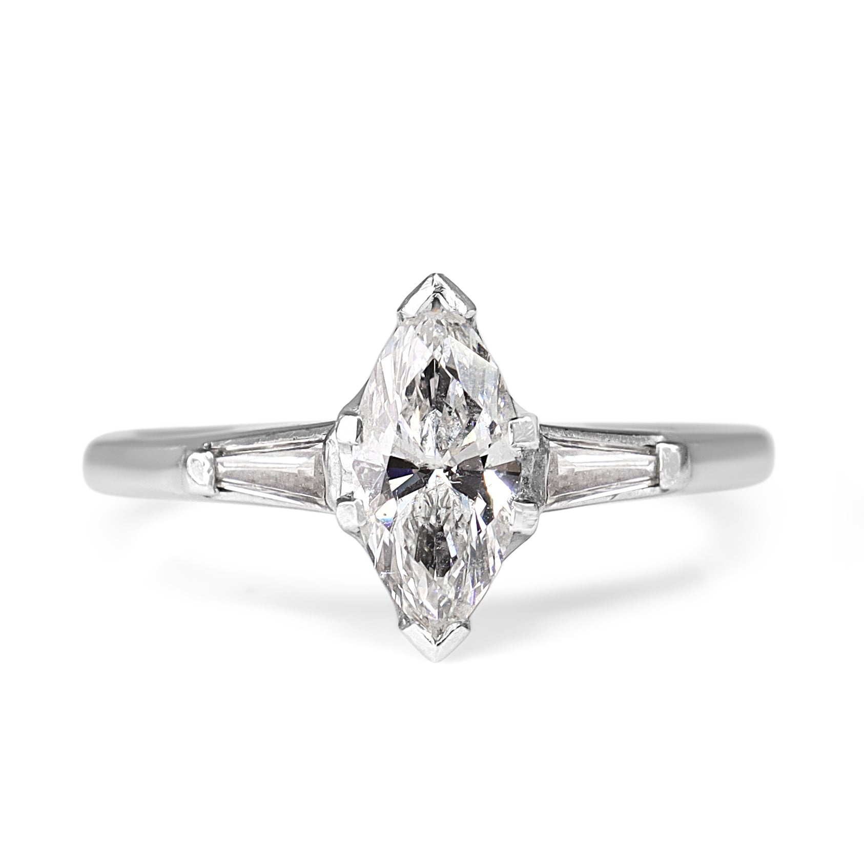 Platinum Marquise and Tapered Baguette 3 Stone Ring