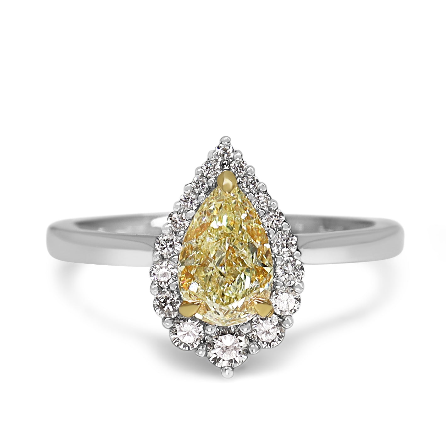 18ct White Gold Yellow Pear Diamond and Graduated Halo Ring