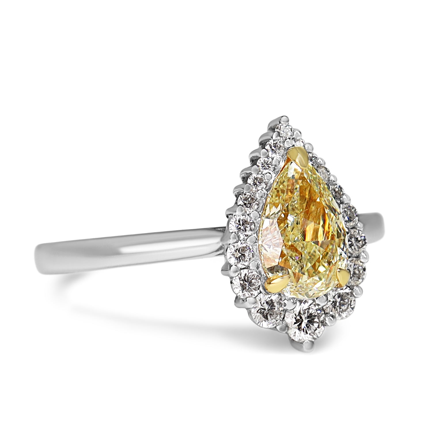 18ct White Gold Yellow Pear Diamond and Graduated Halo Ring