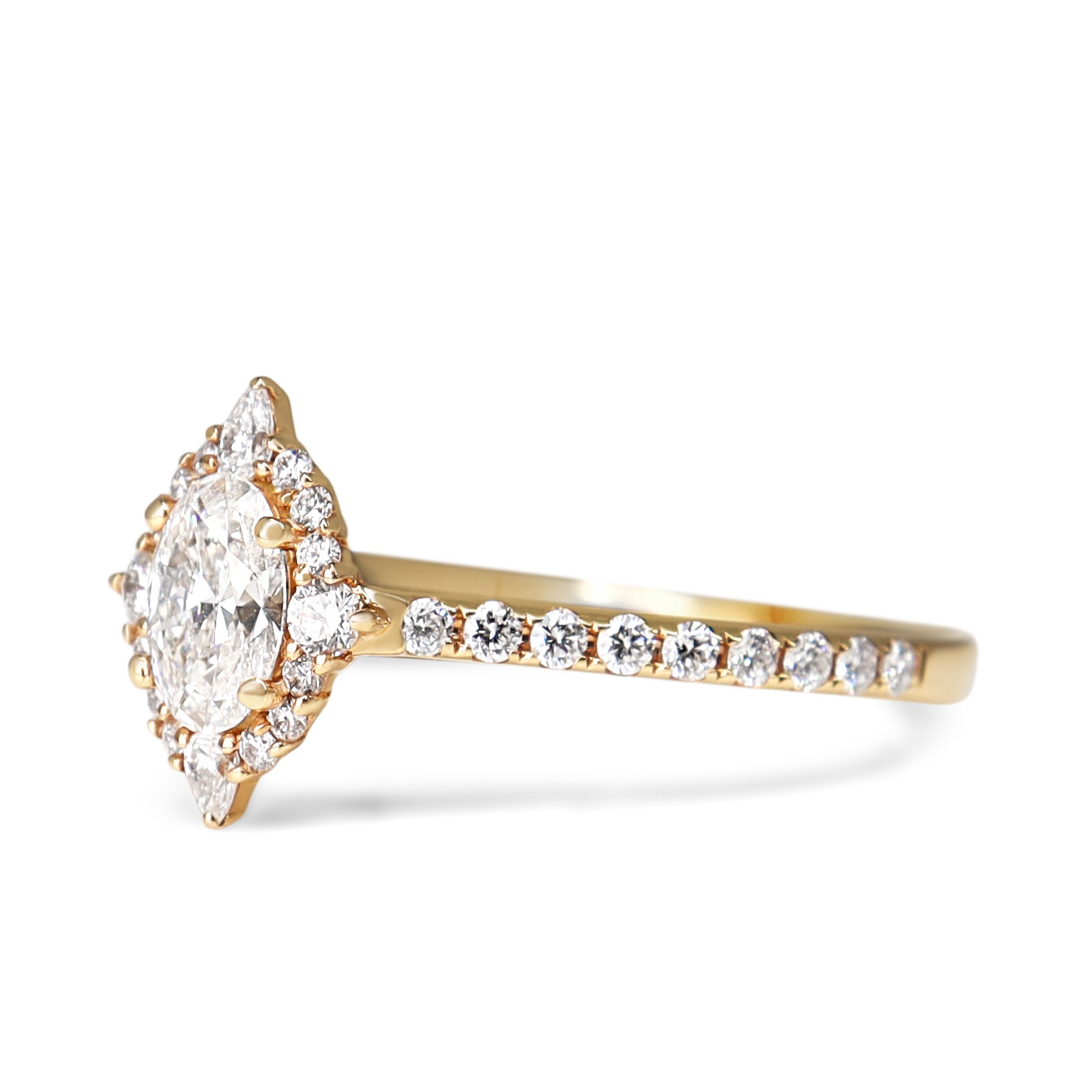 18ct Rose Gold Oval and Pear Diamond Halo Ring
