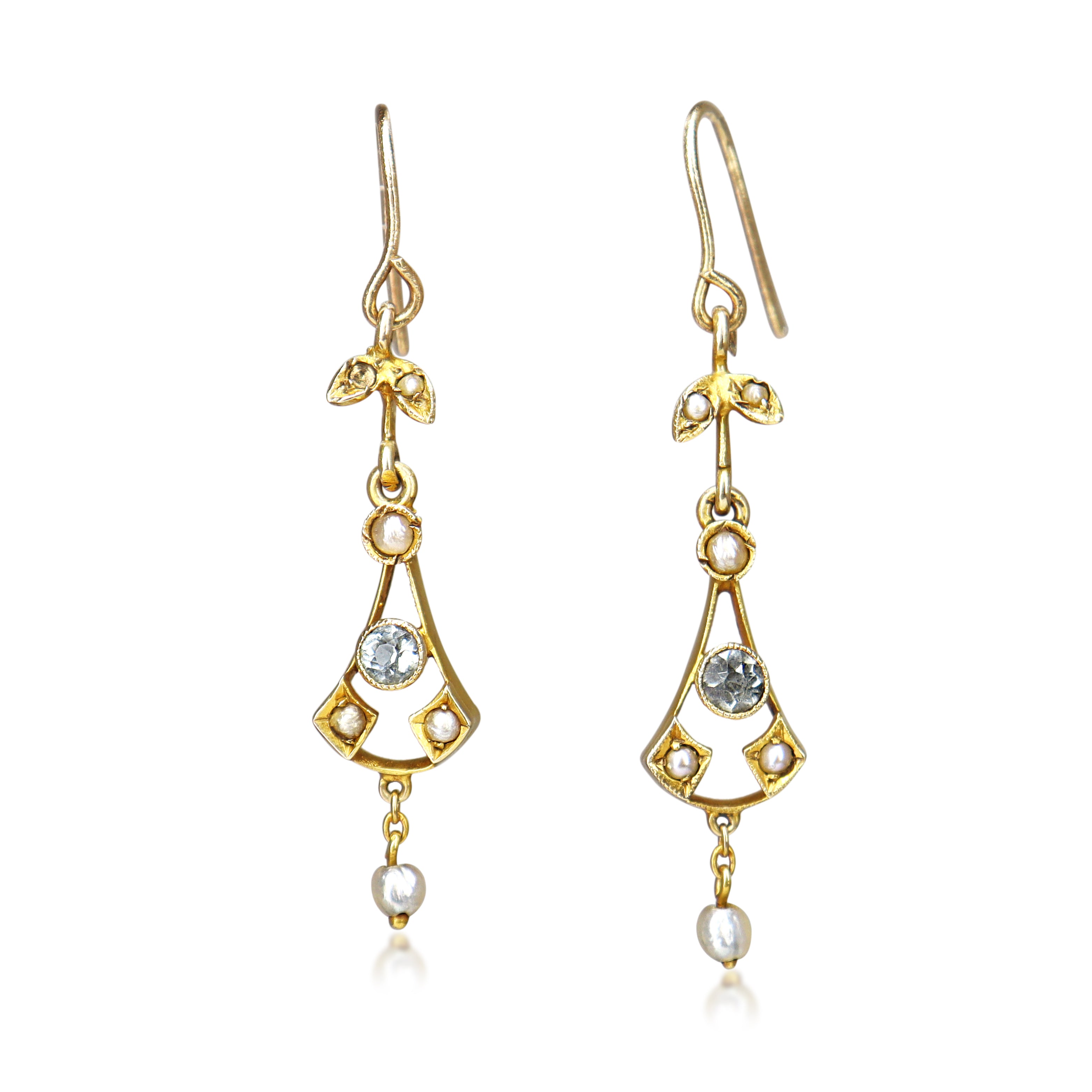 9ct Yellow Gold Antique Aquamarine and Pearl Earrings