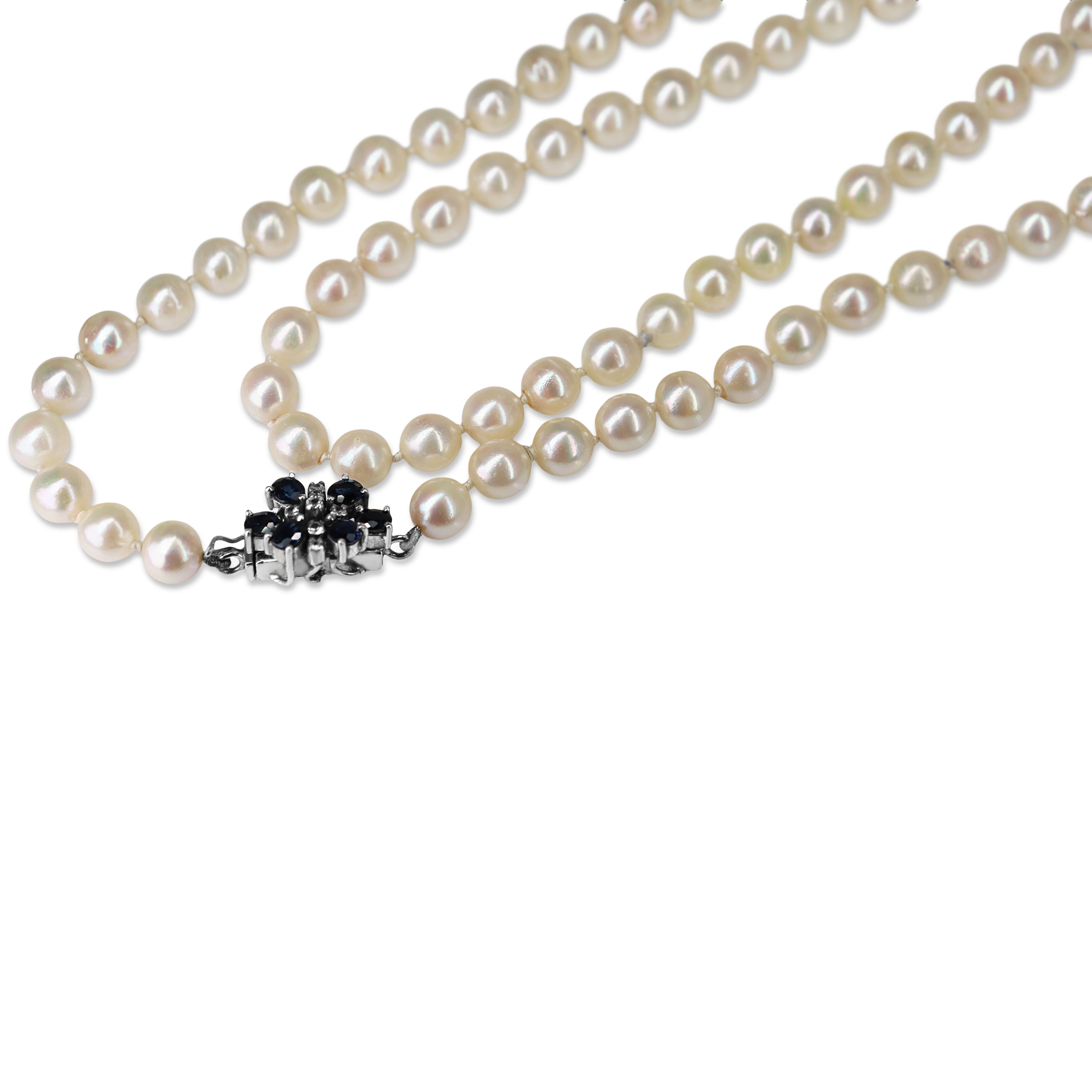 7mm Cultured Pearl Strand on Silver, Sapphire and Diamond Clasp