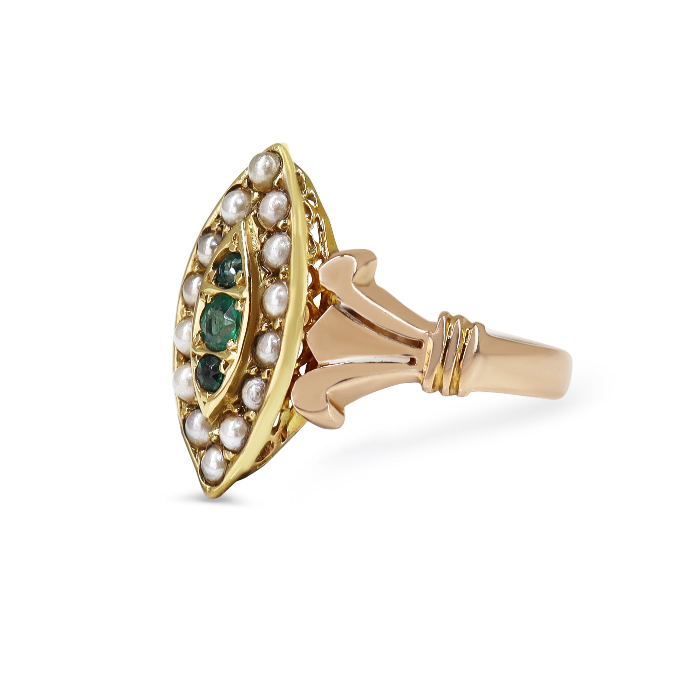 9ct Rose Gold Antique Emerald and Pearl Victorian Marquise Shaped Ring