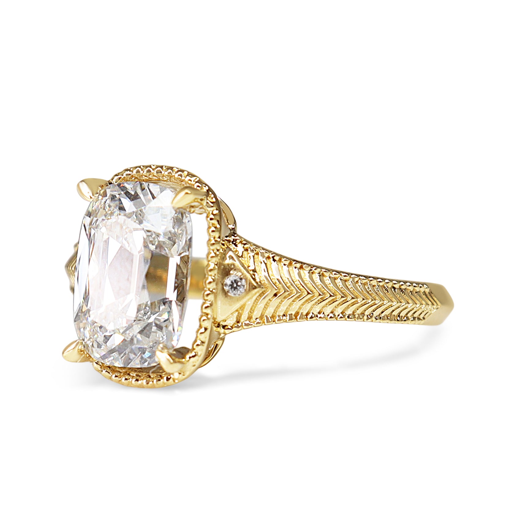 18ct Yellow Gold Lab Grown Old Mine Cushion Cut Diamond Ring