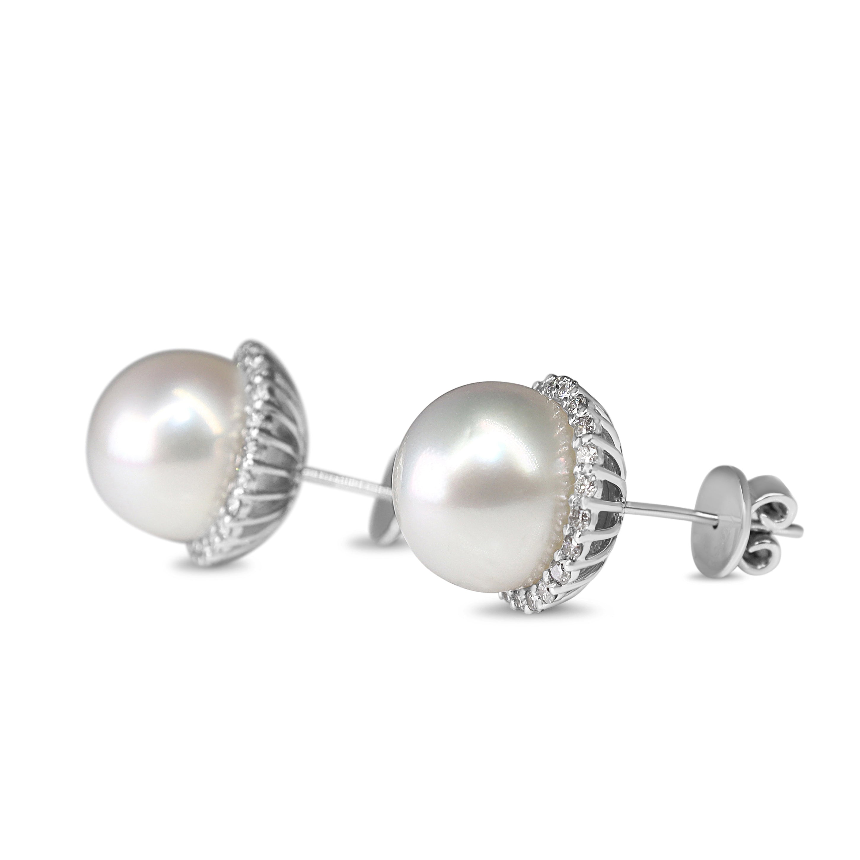 Platinum 11mm South Sea Pearl and Diamond Halo Stud Earrings