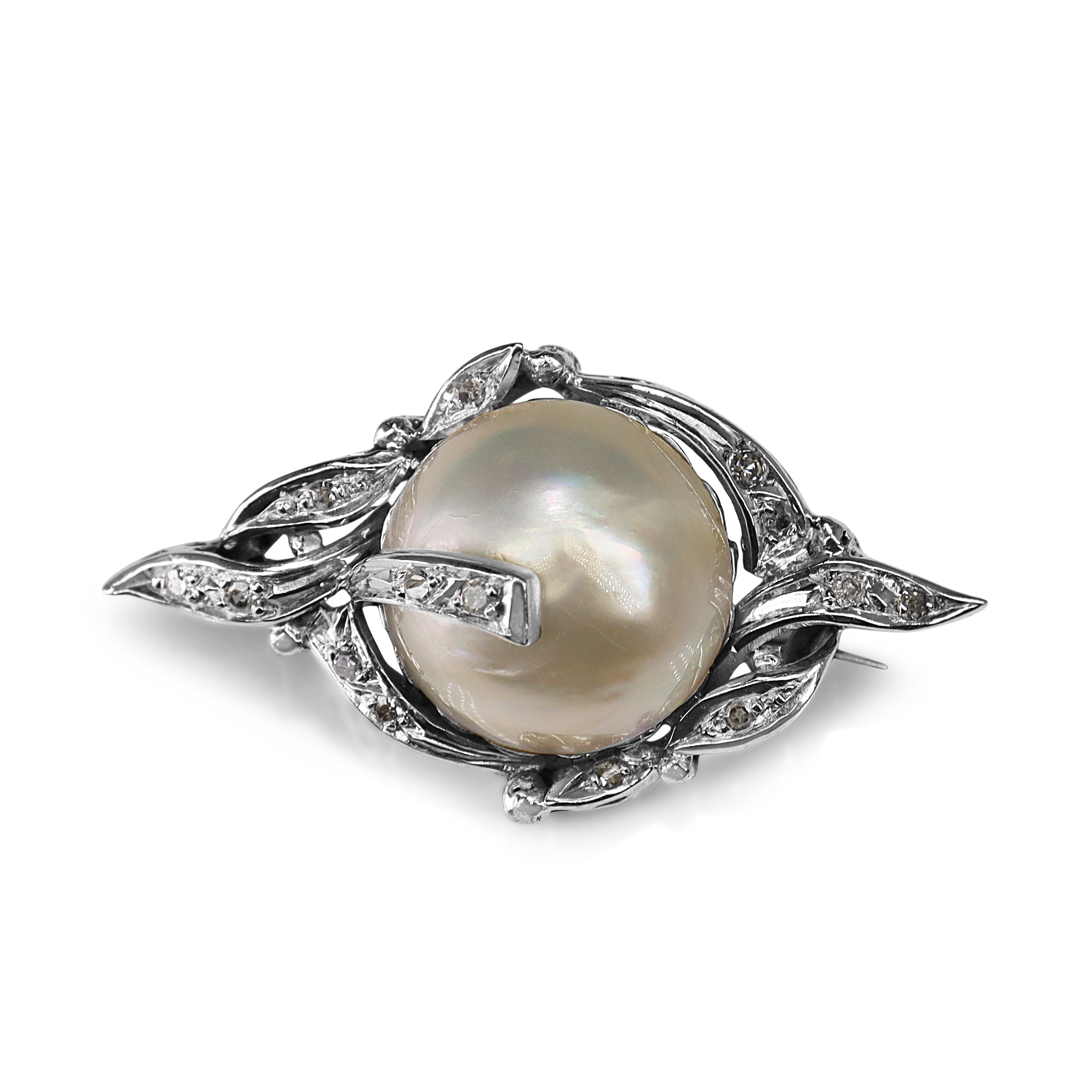 Palladium Single Cut Diamond and Mabé Pearl Brooch