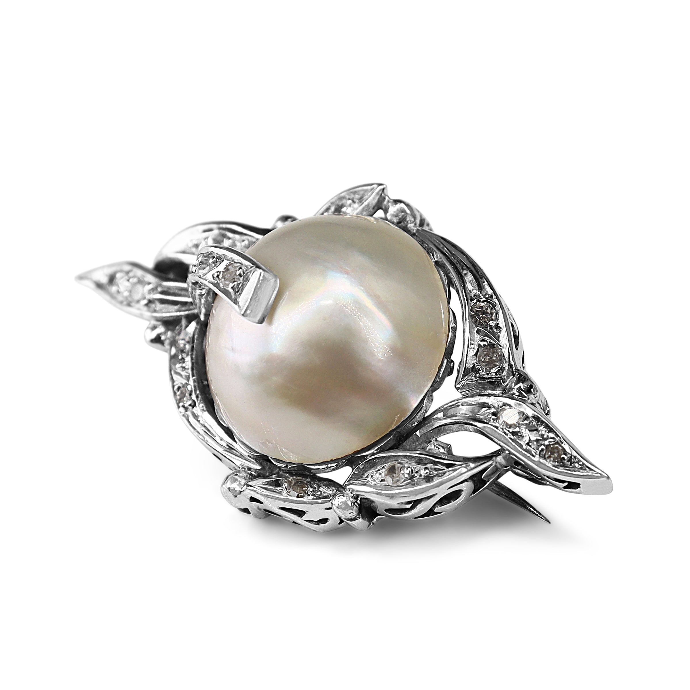 Palladium Single Cut Diamond and Mabé Pearl Brooch