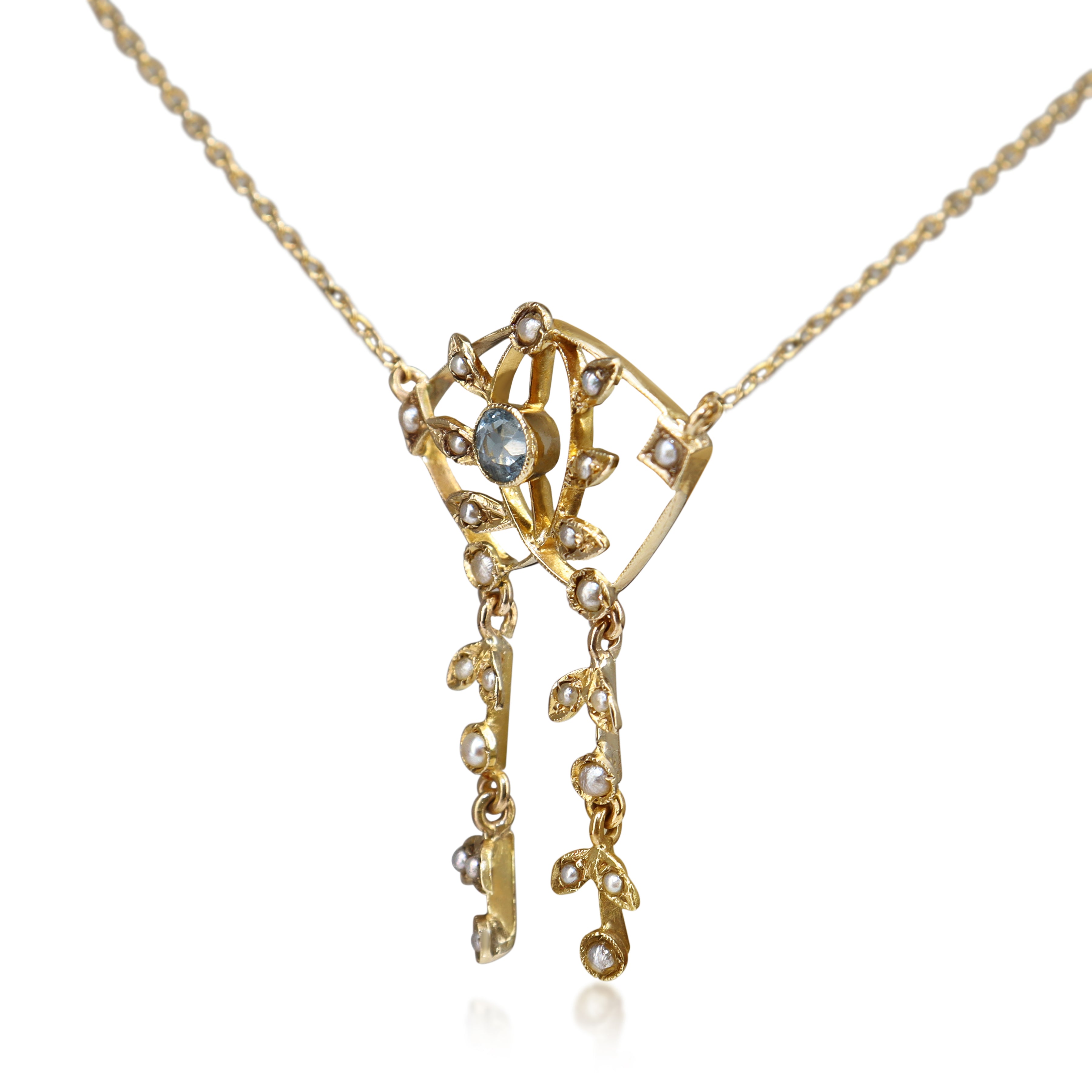 10ct Yellow Gold Antique Aquamarine and Seed Pearl Necklace