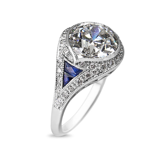 Platinum Lab Grown Old Cut Diamond and Sapphire Art Deco Style Ring