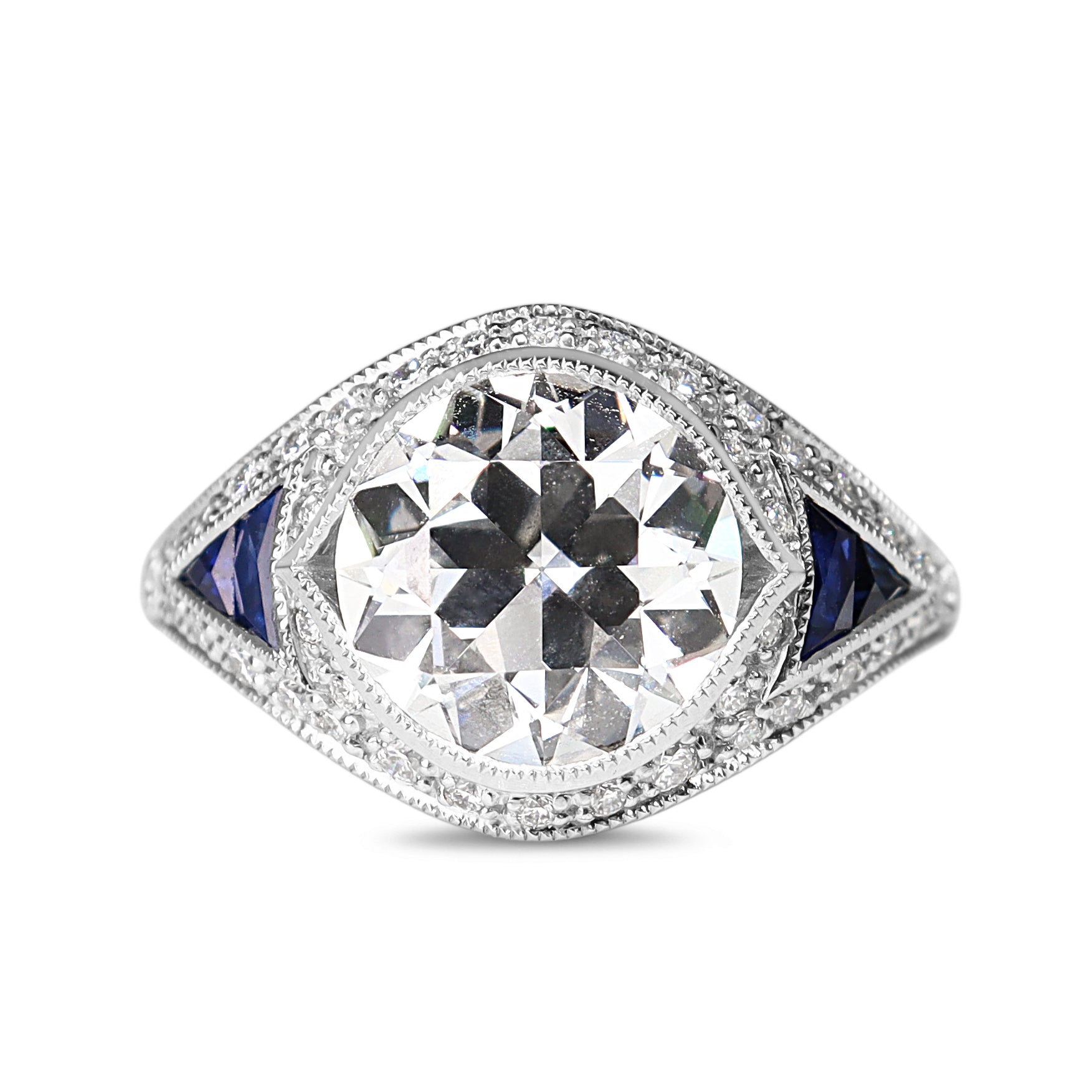 Platinum Lab Grown Old Cut Diamond and Sapphire Art Deco Style Ring