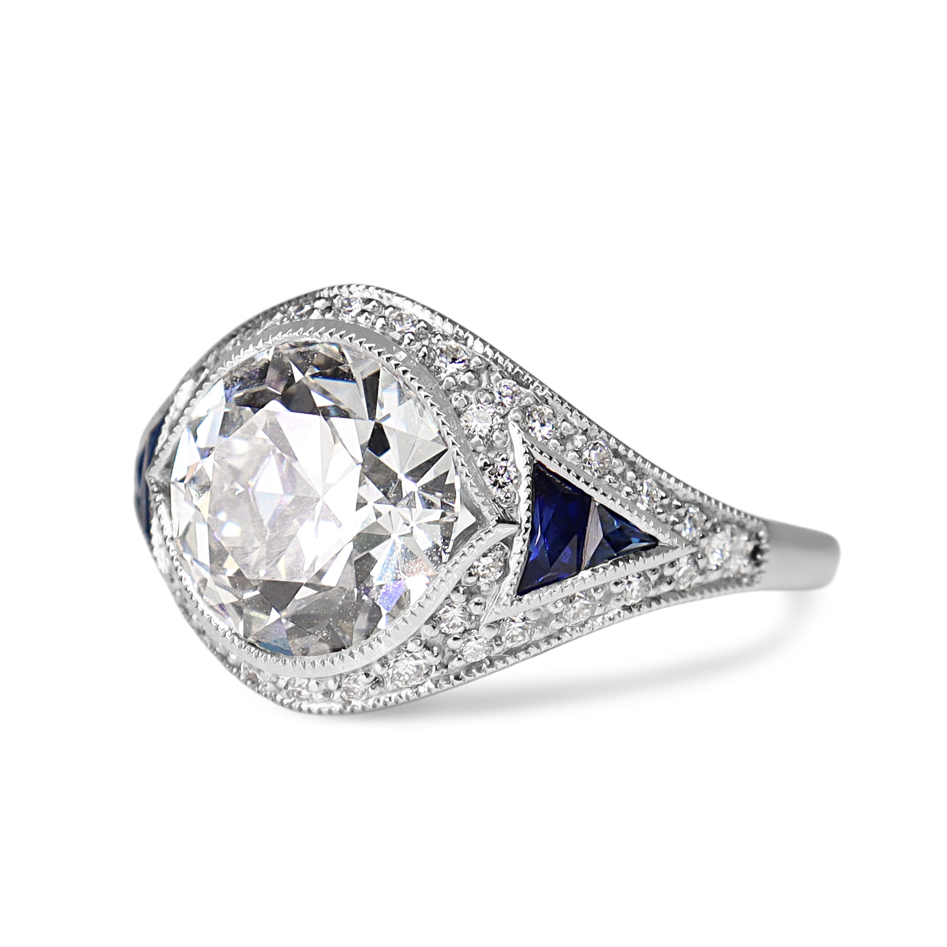 Platinum Lab Grown Old Cut Diamond and Sapphire Art Deco Style Ring