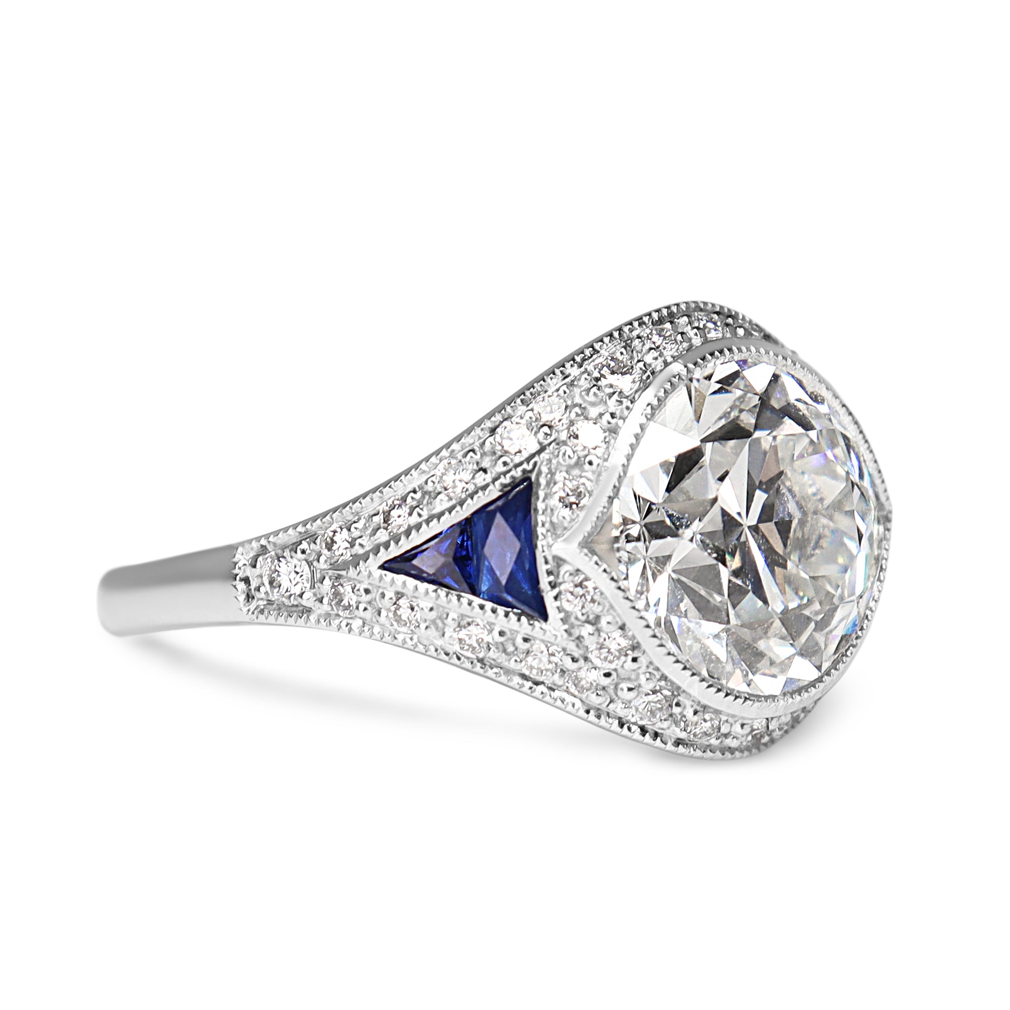 Platinum Lab Grown Old Cut Diamond and Sapphire Art Deco Style Ring