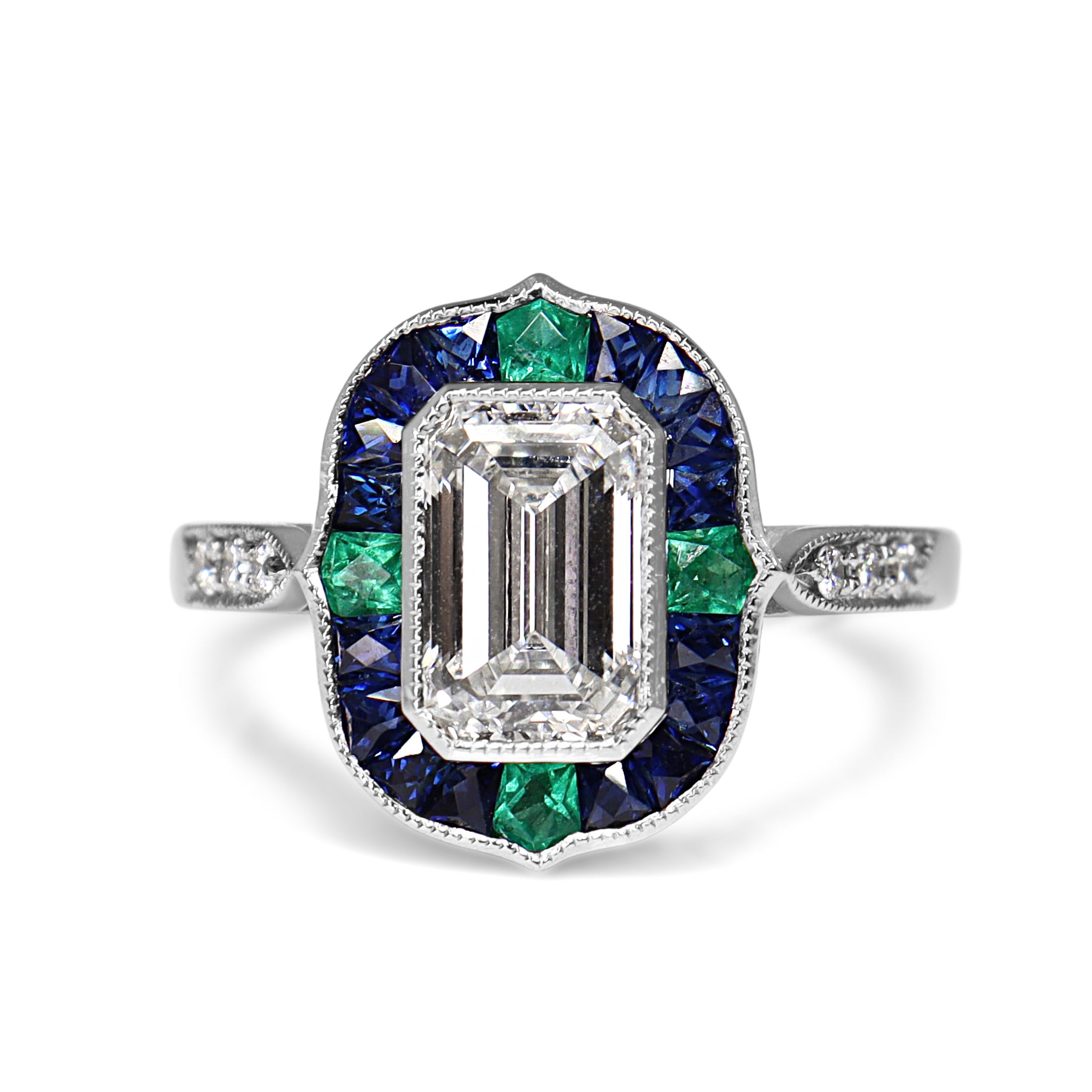 Platinum Lab Grown Emerald Cut Diamond and Sapphire and Emerald Art Deco Style Halo Ring