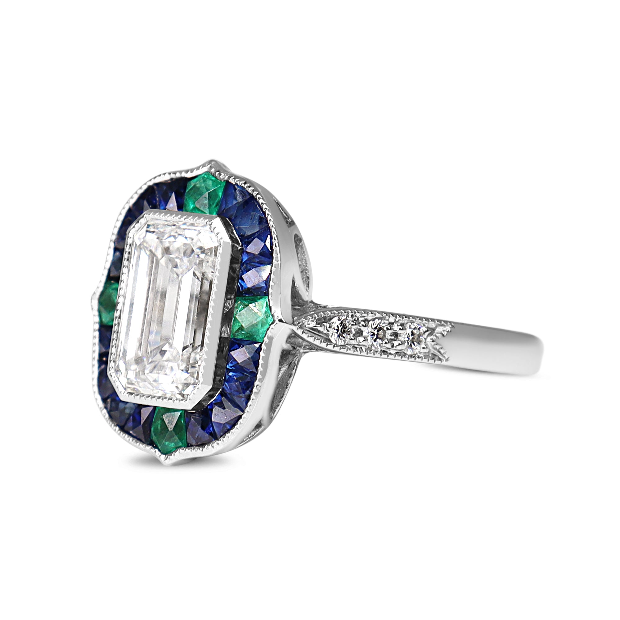Platinum Lab Grown Emerald Cut Diamond and Sapphire and Emerald Art Deco Style Halo Ring
