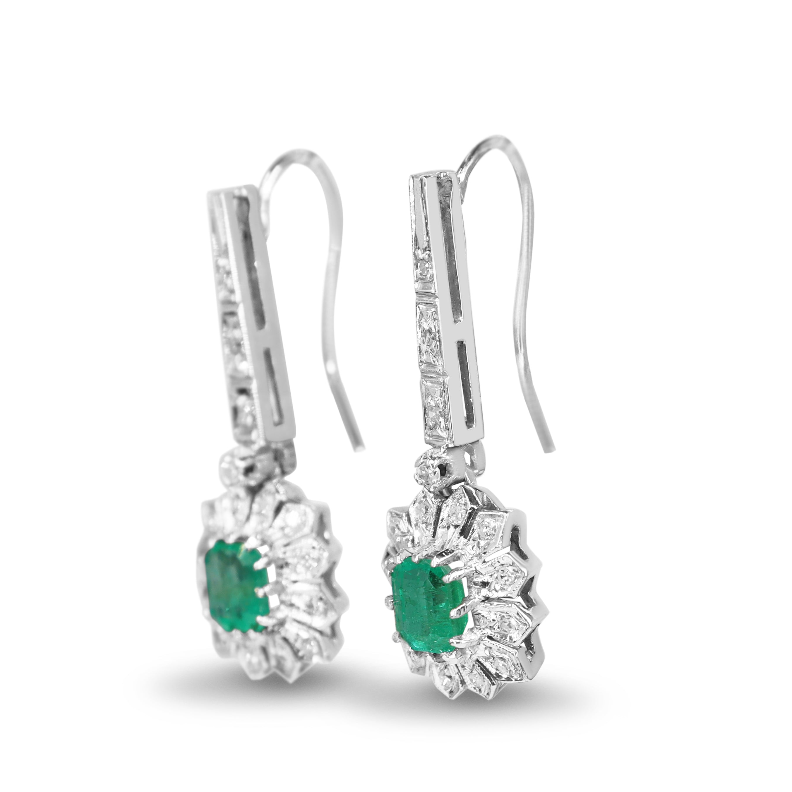 Palladium Emerald and Single Cut Diamond Earrings