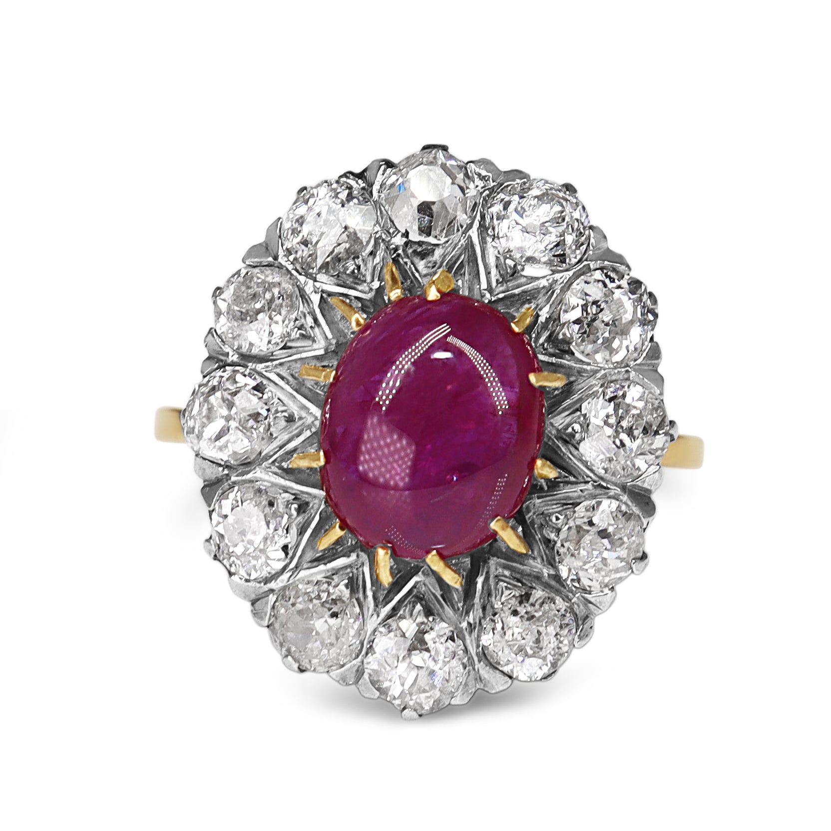 14ct Yellow and White Gold Antique Cabochon Ruby and Old Cut Diamond Cluster Ring