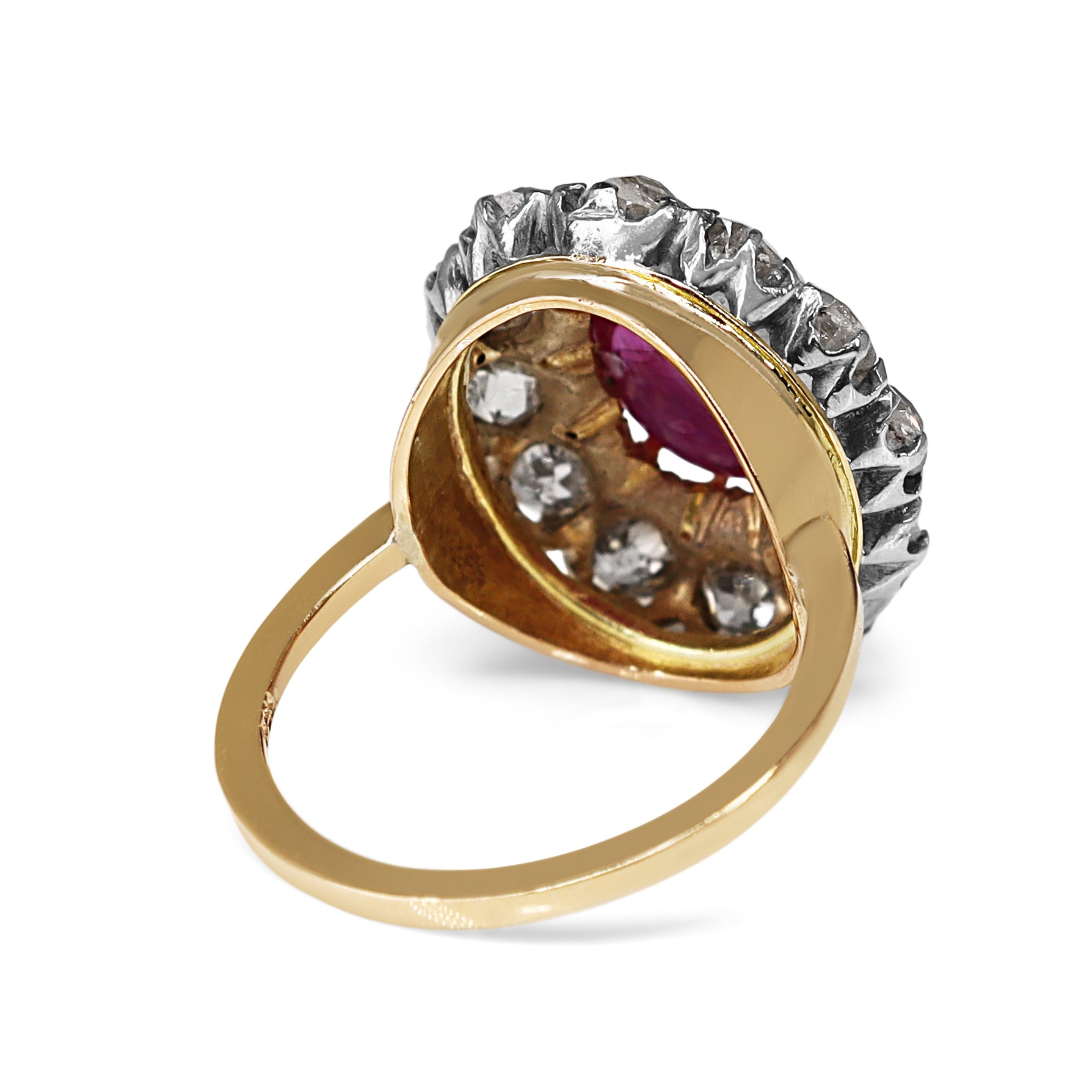 14ct Yellow and White Gold Antique Cabochon Ruby and Old Cut Diamond Cluster Ring