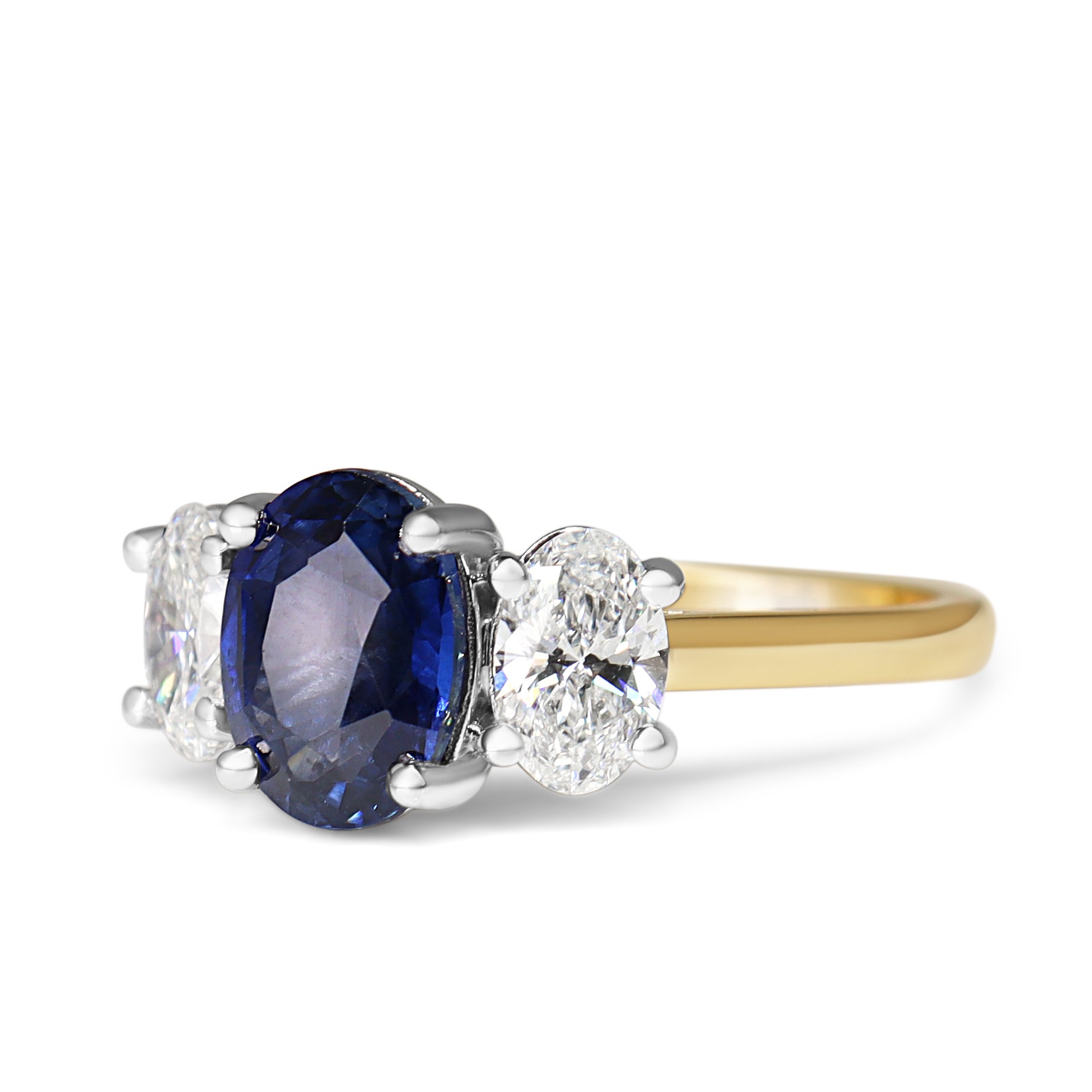 18ct Yellow and White Gold Oval Sapphire and Diamond 3 Stone Ring