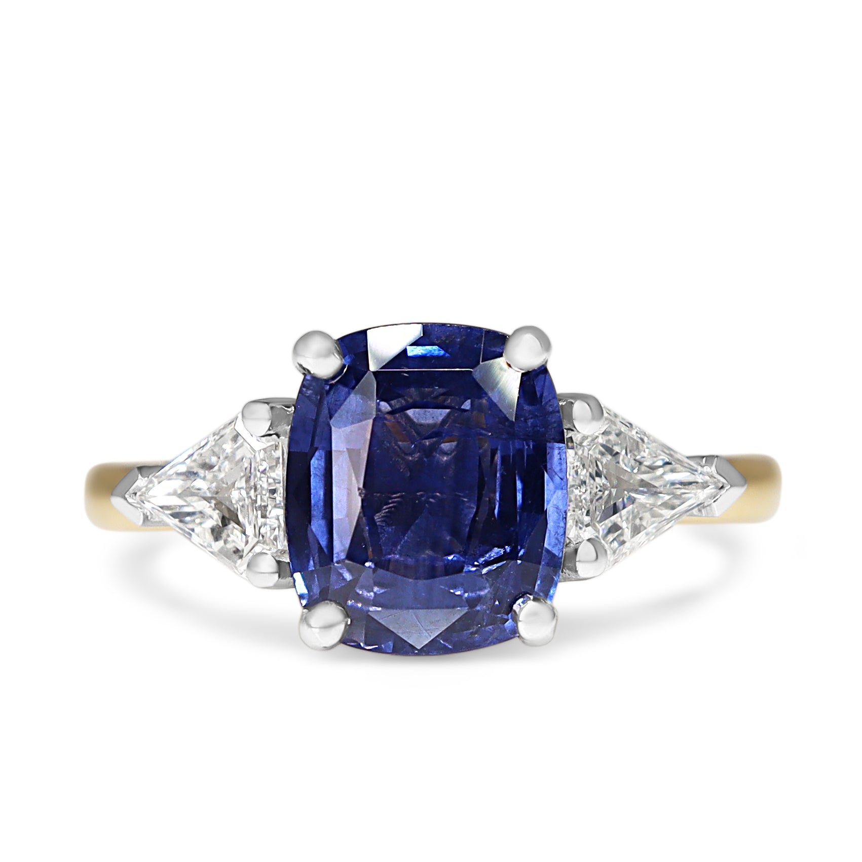 18ct Yellow and White Gold Cushion Sapphire and Trillion Diamond 3 Stone Ring