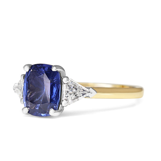 18ct Yellow and White Gold Cushion Sapphire and Trillion Diamond 3 Stone Ring