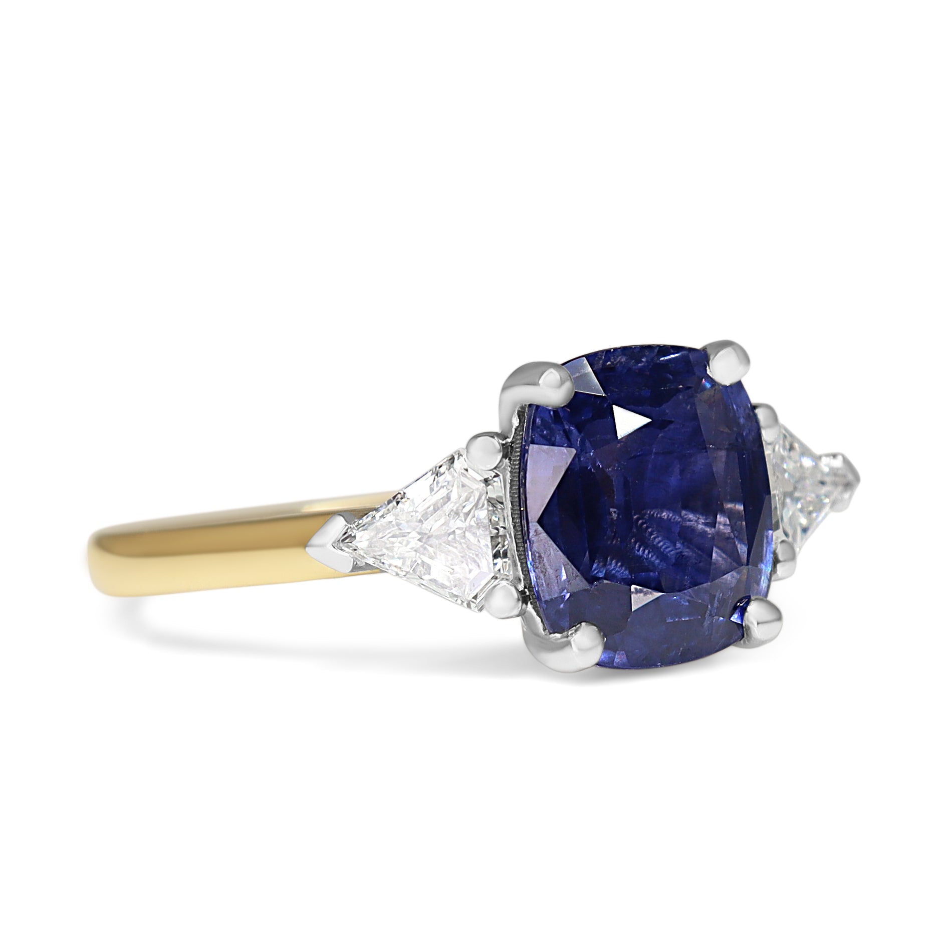18ct Yellow and White Gold Cushion Sapphire and Trillion Diamond 3 Stone Ring