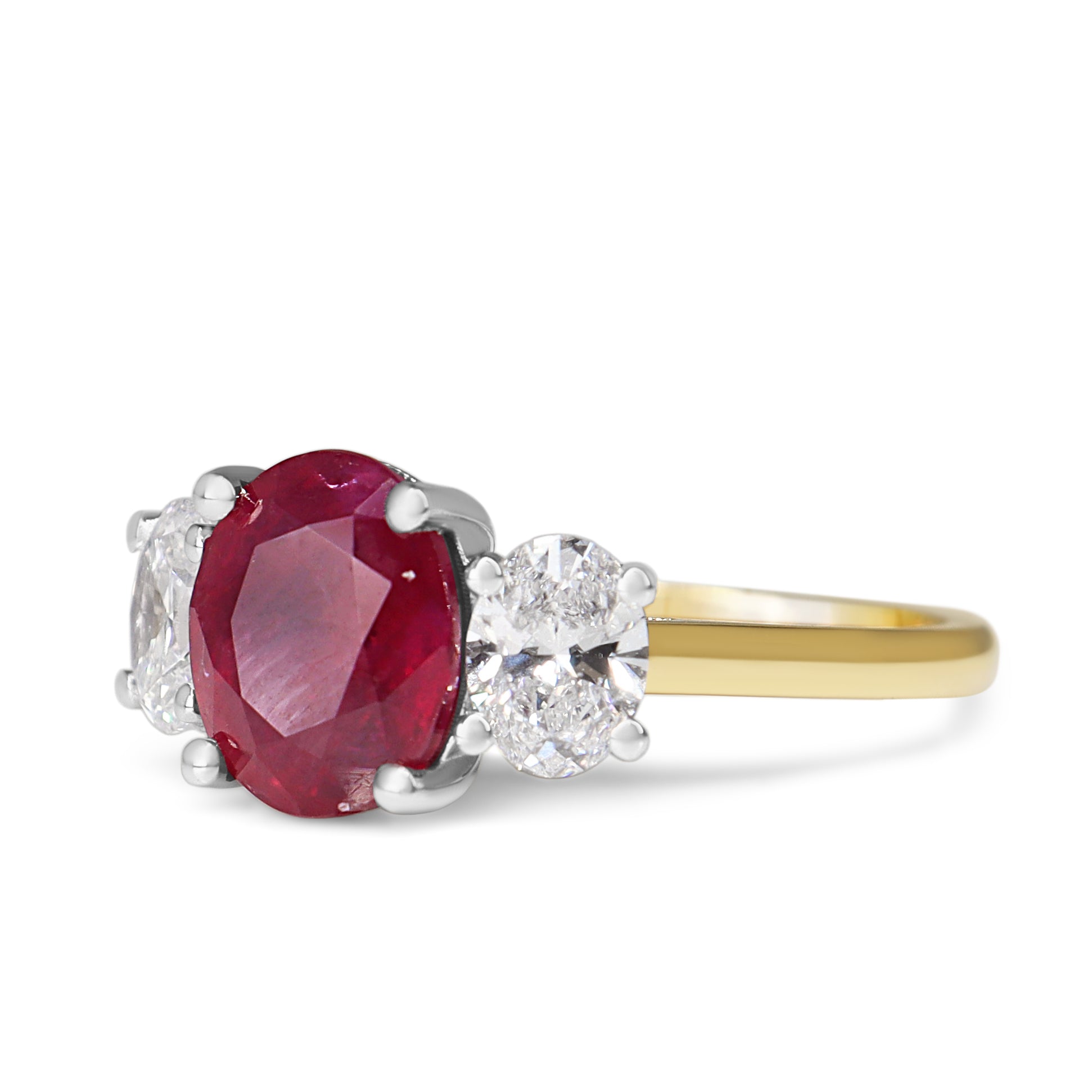 18ct Yellow and White Gold Oval Ruby and Diamond 3 Stone Ring