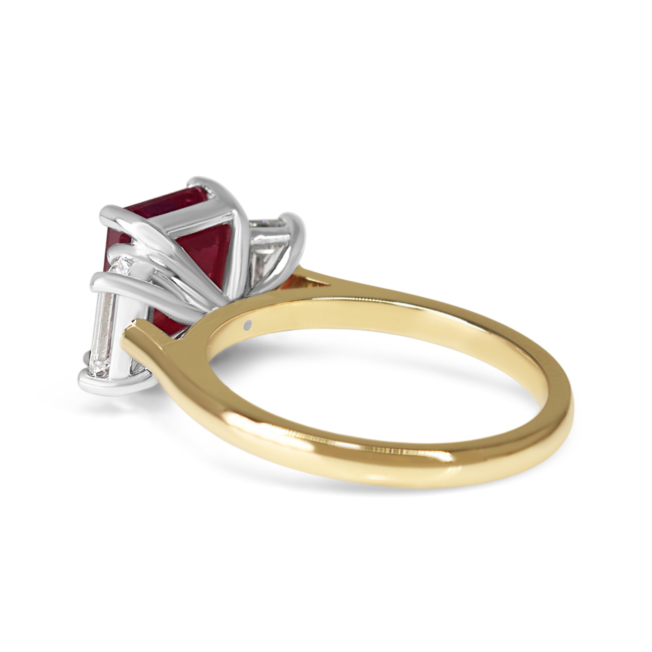 18ct Yellow and White Gold Emerald Cut Ruby and Diamond 3 Stone Ring