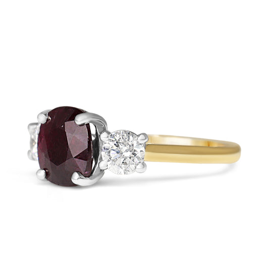 18ct Yellow and White Gold Oval Ruby and Round Diamond 3 Stone Ring