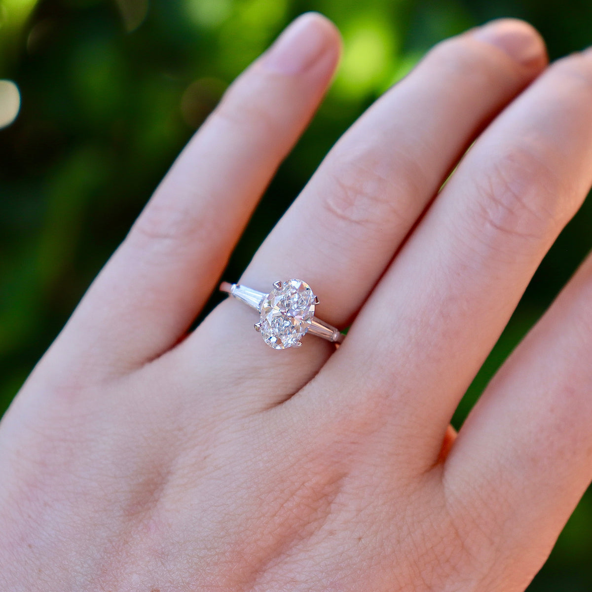 Platinum Lab Grown 2.00ct Oval Diamond Ring with Tapered Baguette Diamonds