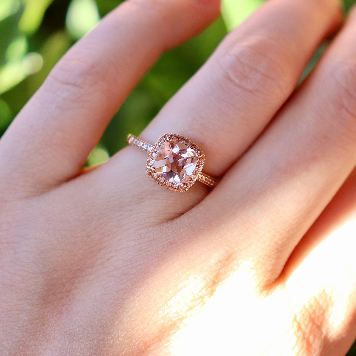 14ct Rose Gold Morganite and Diamond Halo Ring