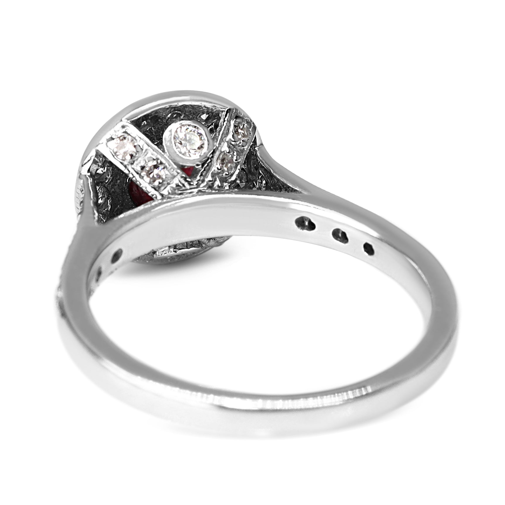 18ct White Gold Ruby and Single Cut Diamond Halo Ring
