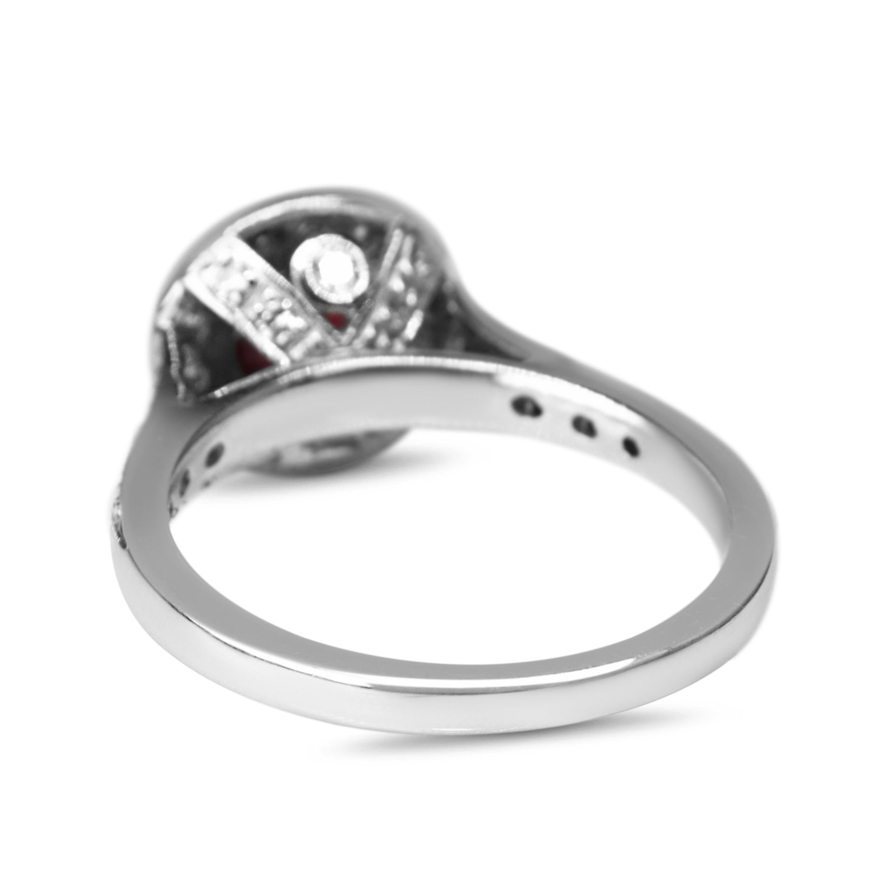 18ct White Gold Ruby and Single Cut Diamond Halo Ring