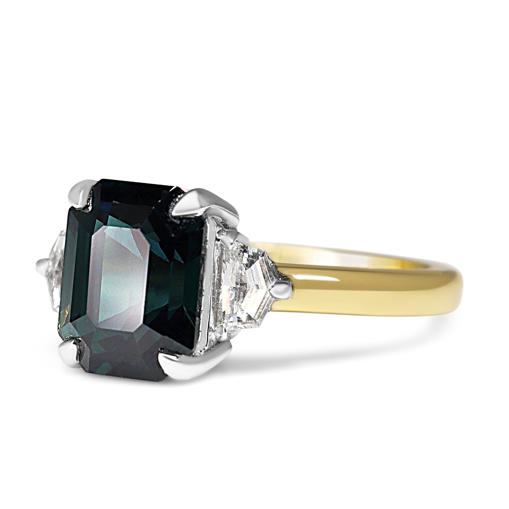 18ct Yellow and White Gold Emerald Cut Teal Sapphire and Cadillac Diamond 3 Stone Ring