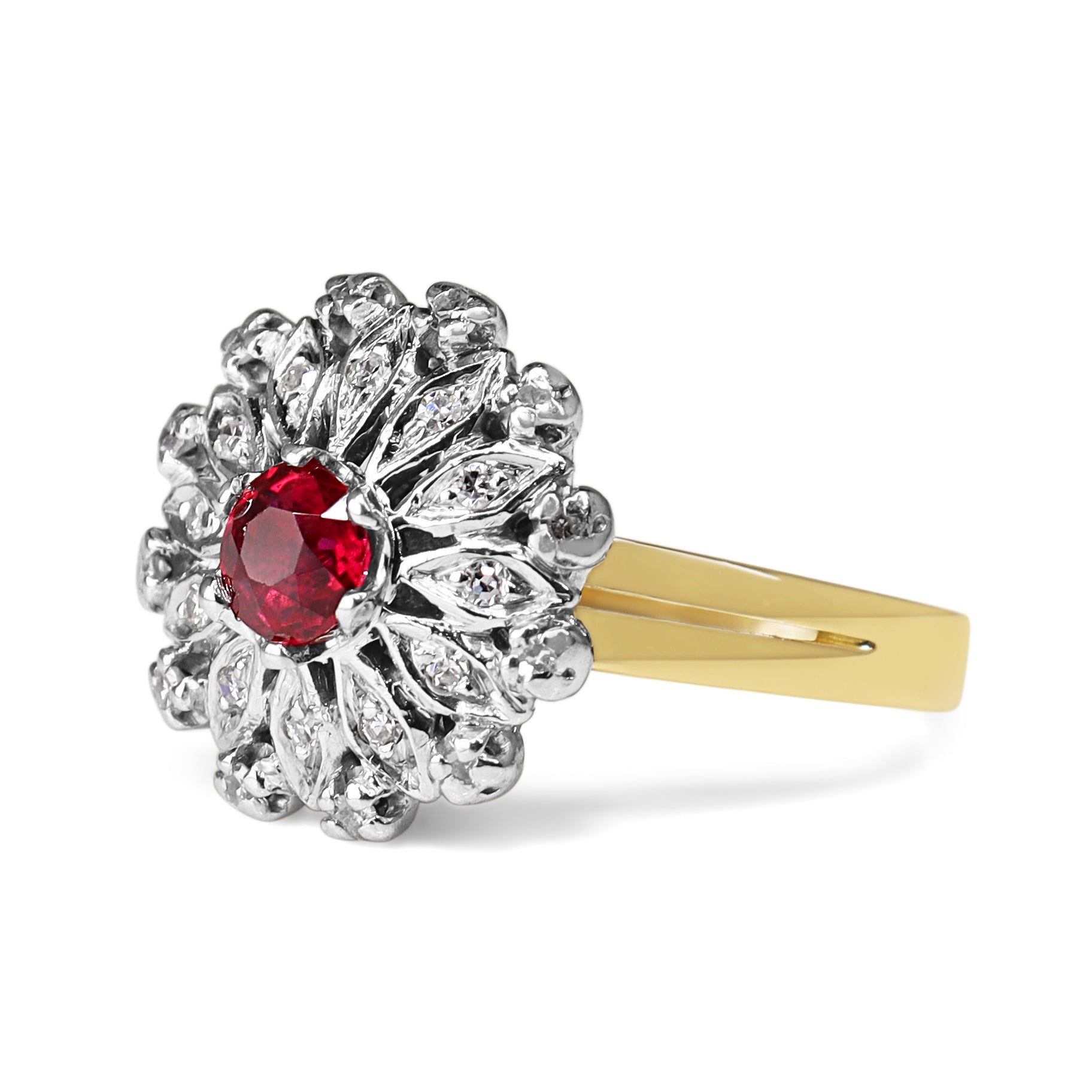 18ct Yellow Gold and Palladium Ruby and Single Cut Diamond Vintage Cluster Ring