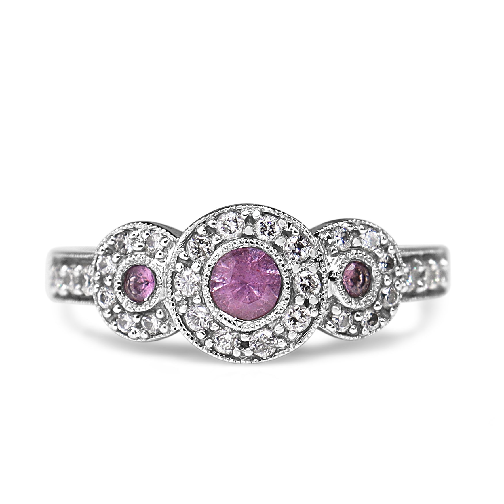 10ct White Gold 3 Stone Pink Sapphire and Diamond Halo Ring
