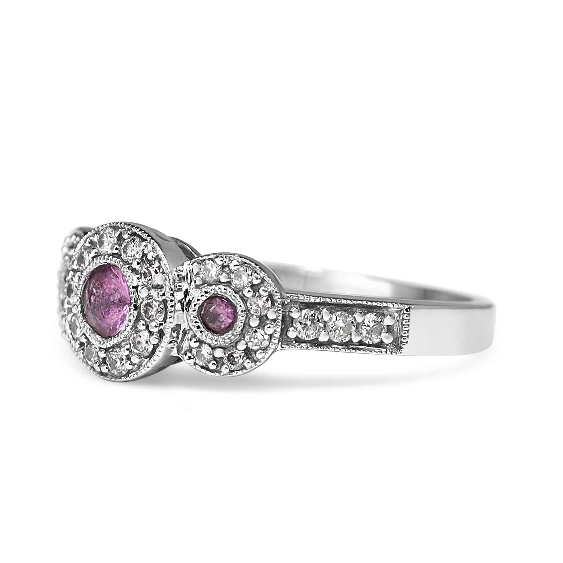 10ct White Gold 3 Stone Pink Sapphire and Diamond Halo Ring