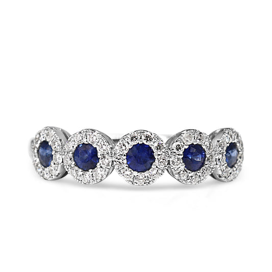18ct White Gold 5 Stone Sapphire and Diamond Halo Ring