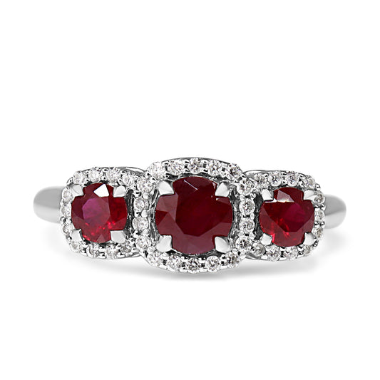 14ct White Gold Ruby 3 Stone and Diamond Halo Ring